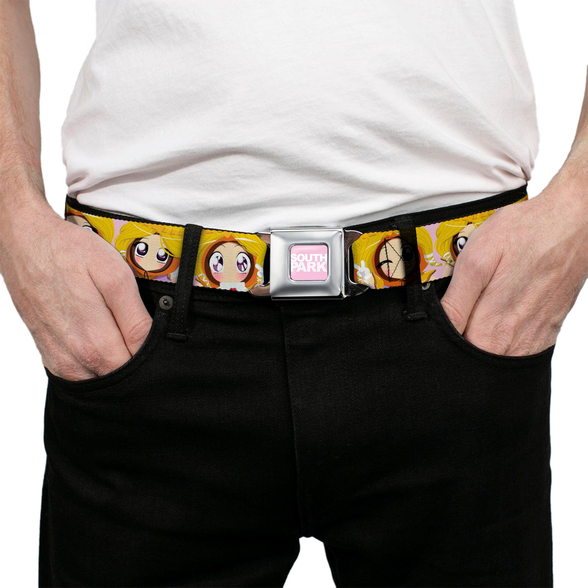 SOUTH PARK Title Logo Full Color Pink/White Seatbelt Belt - South Park Princess Kenny Expressions Pink Webbing Seatbelt Belts South Park
