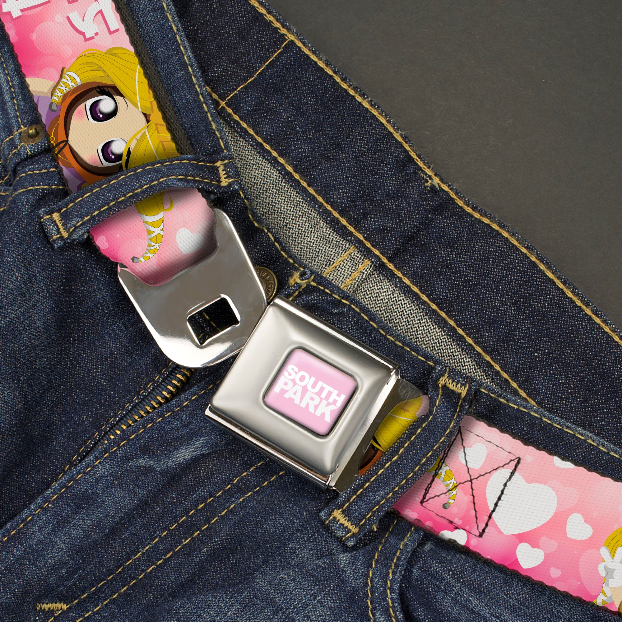 SOUTH PARK Title Logo Full Color Pink/White Seatbelt Belt - South Park PRINCESS KENNY Poses and Text Pinks/White Webbing Seatbelt Belts South Park