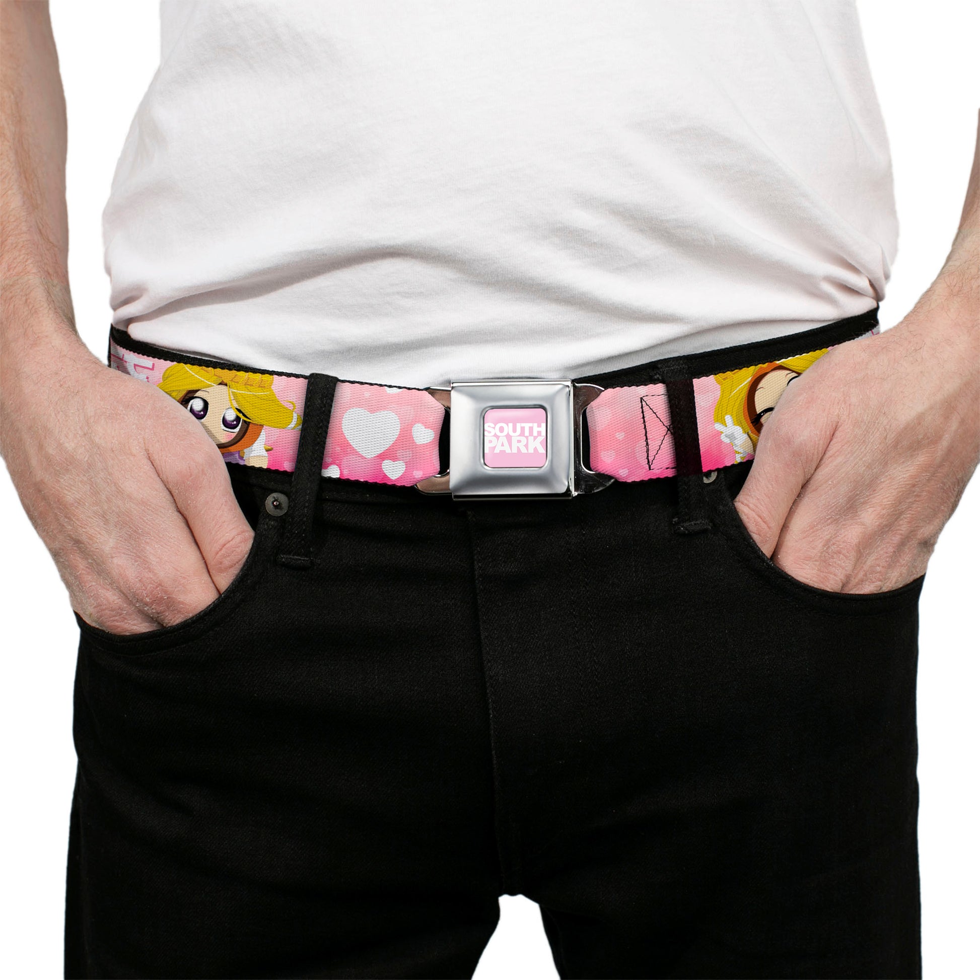 SOUTH PARK Title Logo Full Color Pink/White Seatbelt Belt - South Park PRINCESS KENNY Poses and Text Pinks/White Webbing Seatbelt Belts South Park