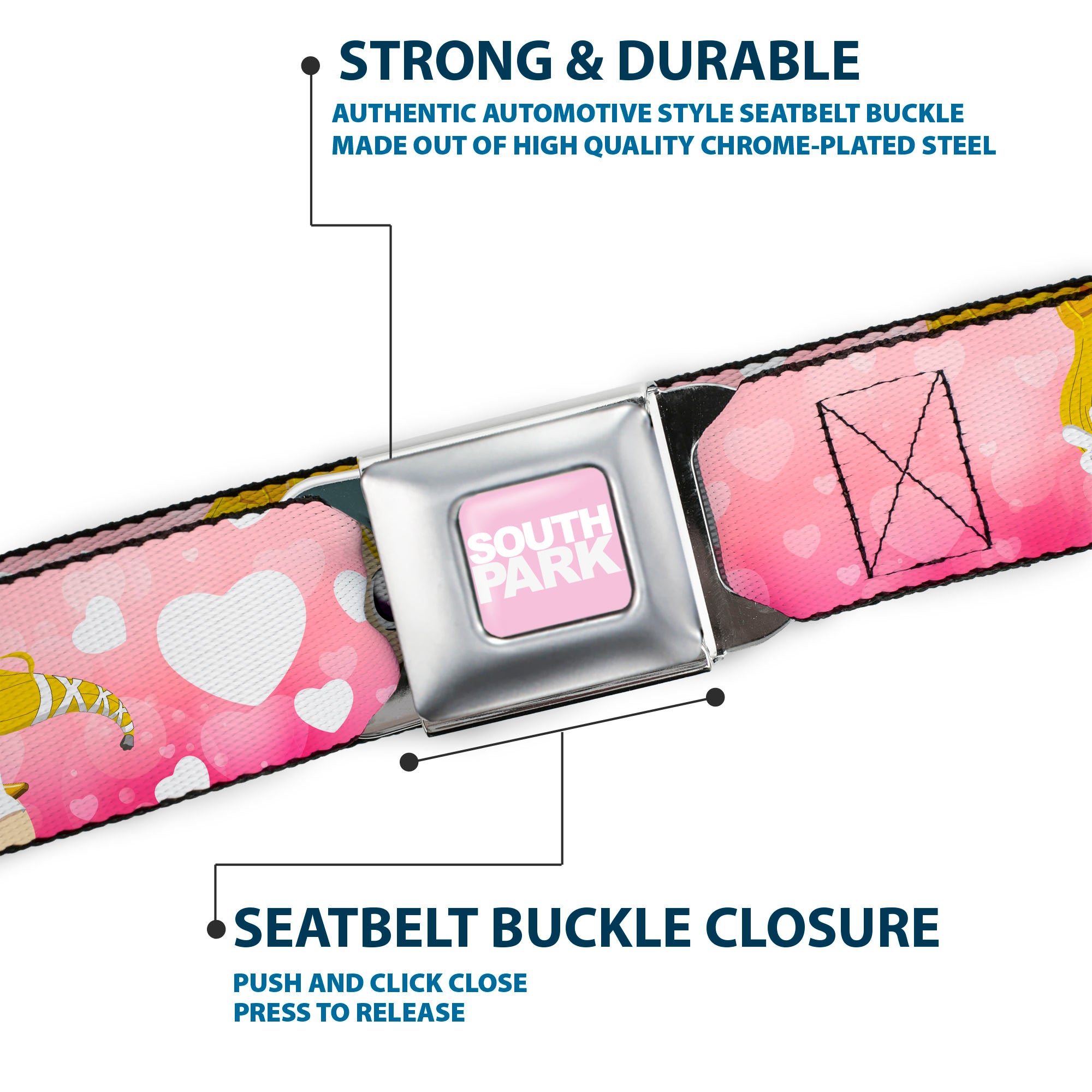 SOUTH PARK Title Logo Full Color Pink/White Seatbelt Belt - South Park PRINCESS KENNY Poses and Text Pinks/White Webbing Seatbelt Belts South Park