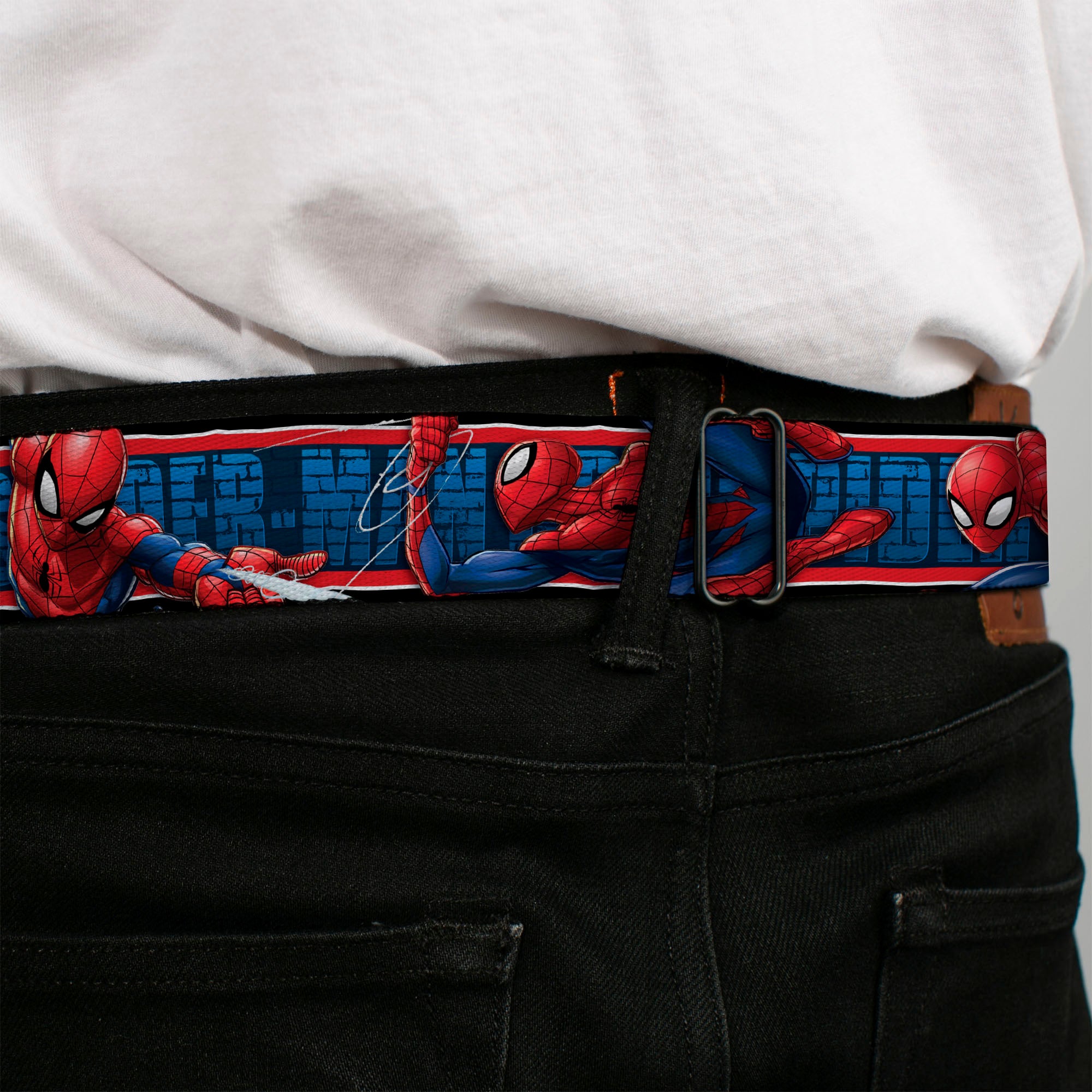 Spider Logo5 Full Color Red/Black Seatbelt Belt - SPIDER-MAN 3-Action Poses/Bricks/Stripe Blues/Red/White Webbing Seatbelt Belts Marvel Comics