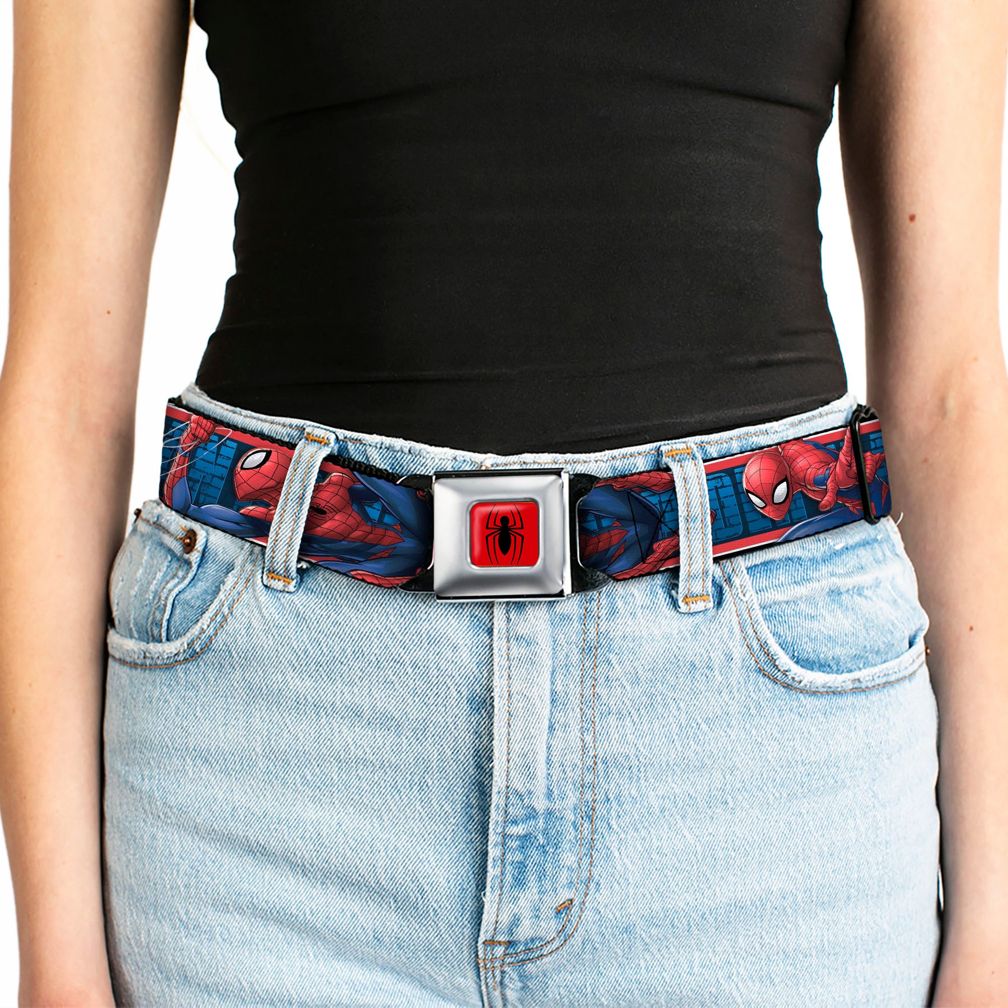 Spider Logo5 Full Color Red/Black Seatbelt Belt - SPIDER-MAN 3-Action Poses/Bricks/Stripe Blues/Red/White Webbing Seatbelt Belts Marvel Comics