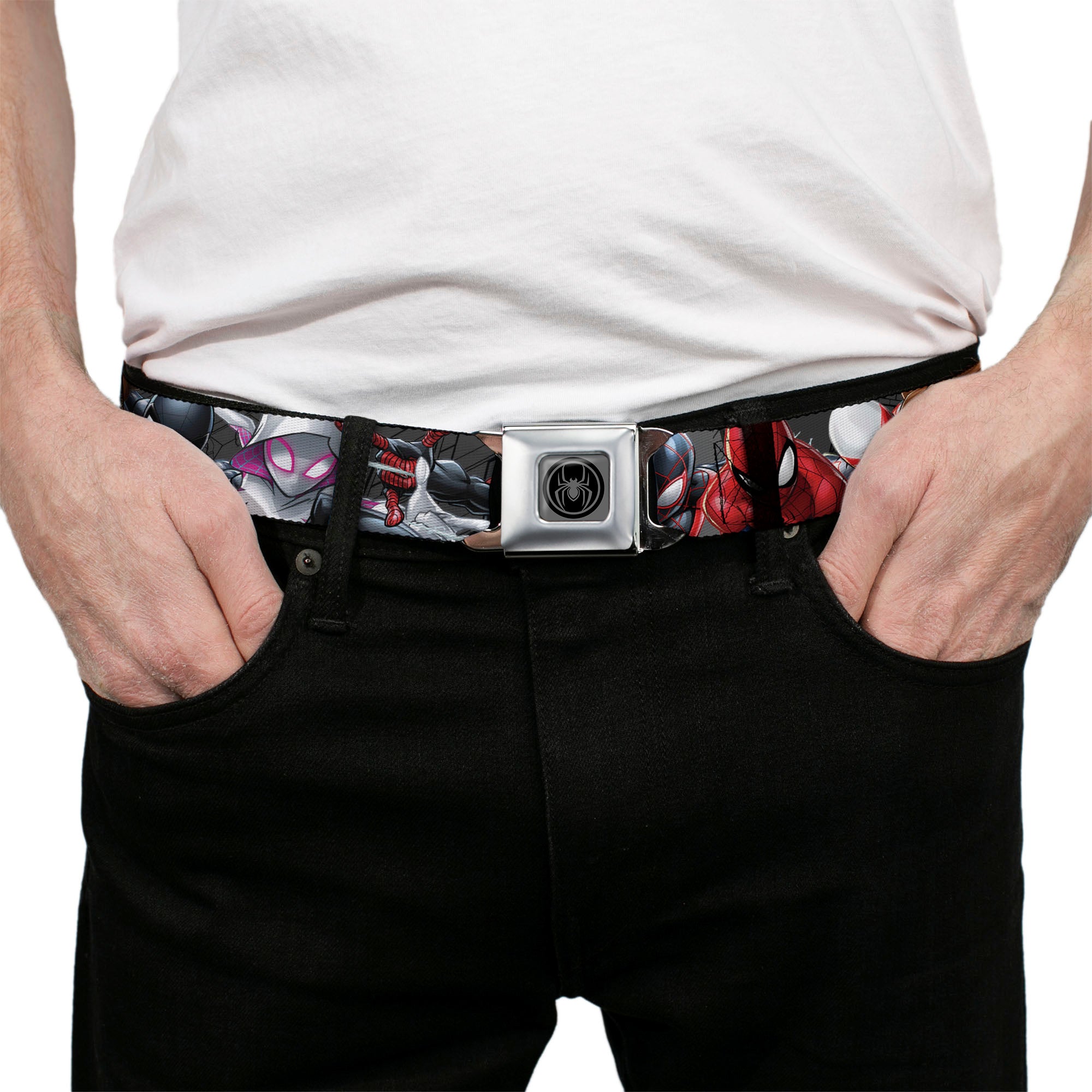 Spider Icon Silver/Black Seatbelt Belt - 6-Spider Hero Action Poses Grays Webbing Seatbelt Belts Marvel Comics