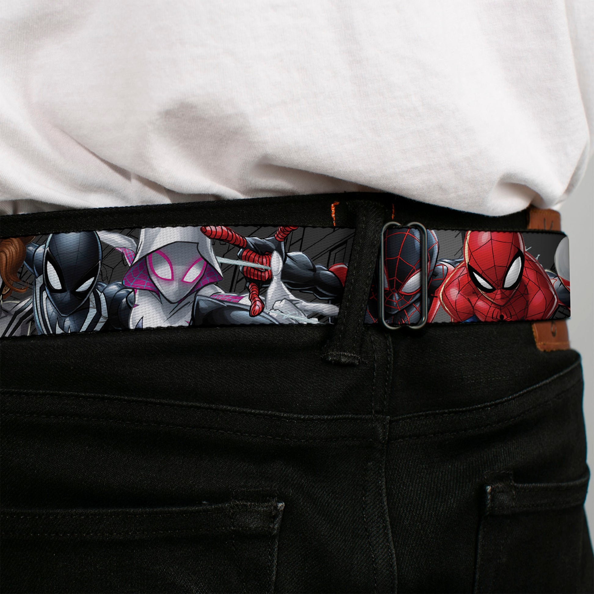 Spider Icon Silver/Black Seatbelt Belt - 6-Spider Hero Action Poses Grays Webbing Seatbelt Belts Marvel Comics