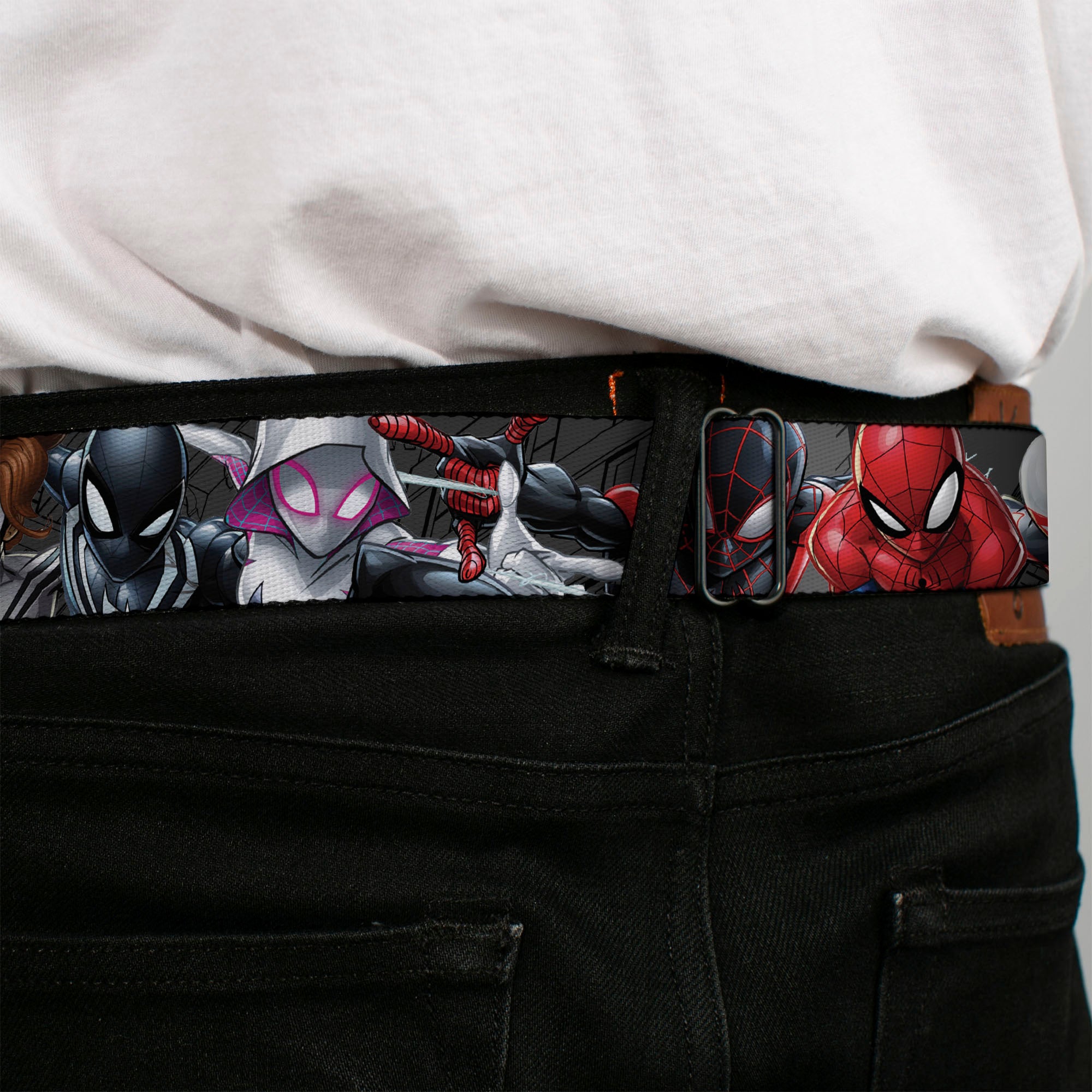 Spider Icon Silver/Black Seatbelt Belt - 6-Spider Hero Action Poses Grays Webbing Seatbelt Belts Marvel Comics