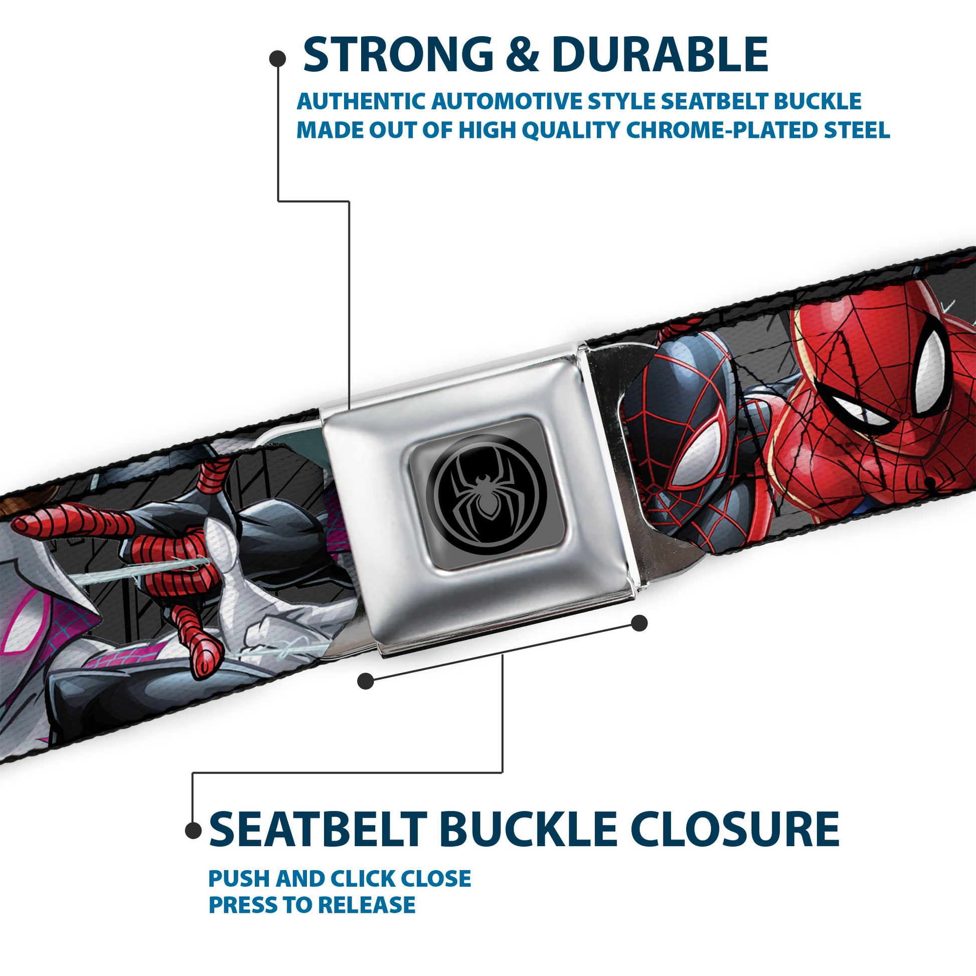 Spider Icon Silver/Black Seatbelt Belt - 6-Spider Hero Action Poses Grays Webbing Seatbelt Belts Marvel Comics
