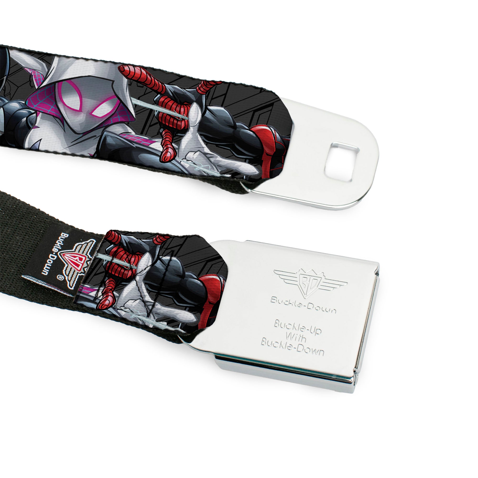Spider Icon Silver/Black Seatbelt Belt - 6-Spider Hero Action Poses Grays Webbing Seatbelt Belts Marvel Comics