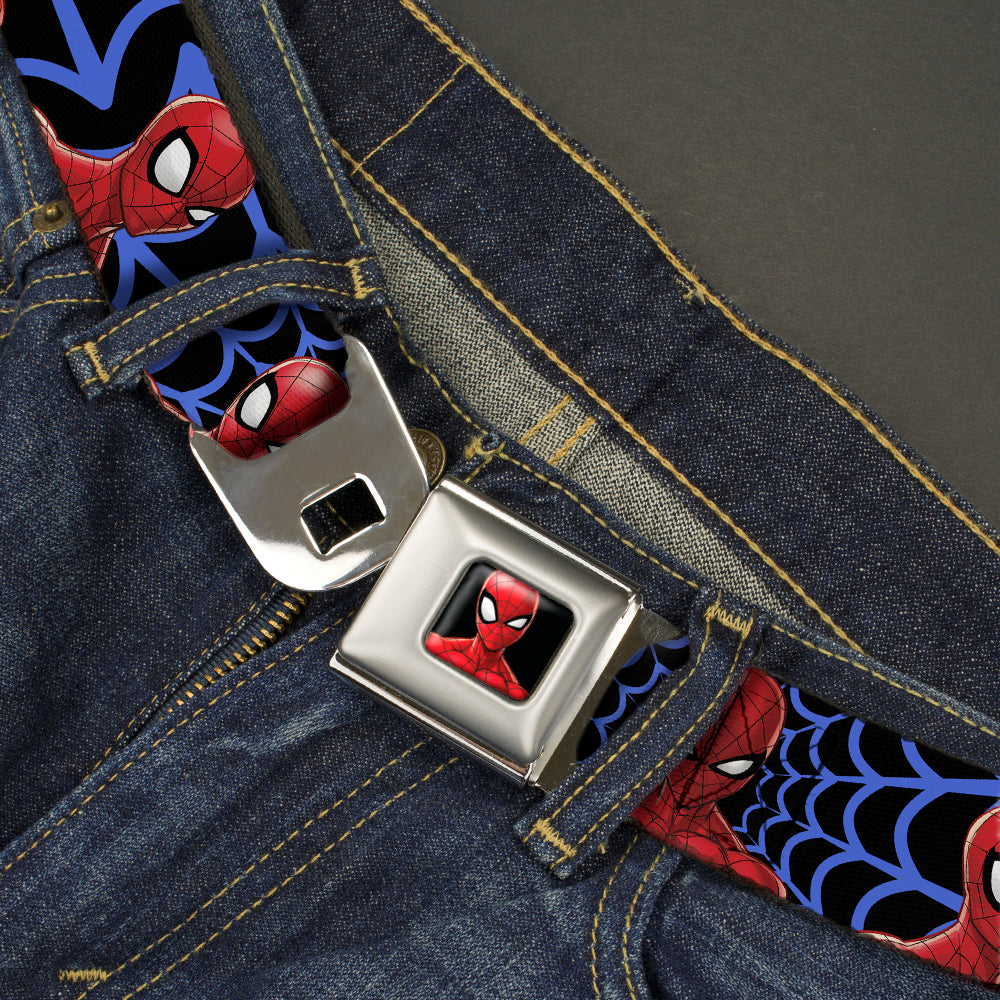 Spider-Man Half Wink Expression Full Color Black Seatbelt Belt - Spider-Man 3-Expressions/Web Orb Black/Blue Webbing Seatbelt Belts Marvel Comics