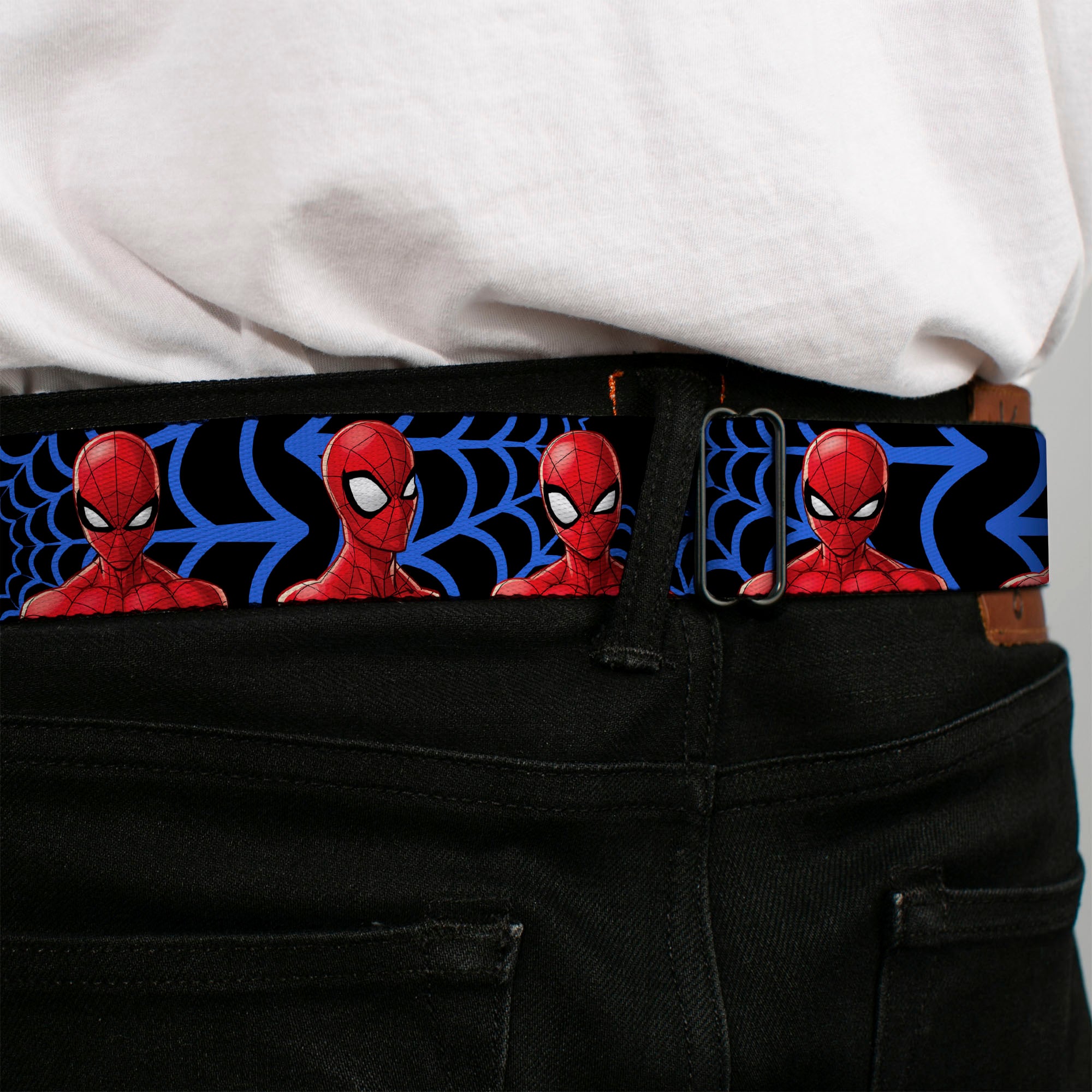 Spider-Man Half Wink Expression Full Color Black Seatbelt Belt - Spider-Man 3-Expressions/Web Orb Black/Blue Webbing Seatbelt Belts Marvel Comics