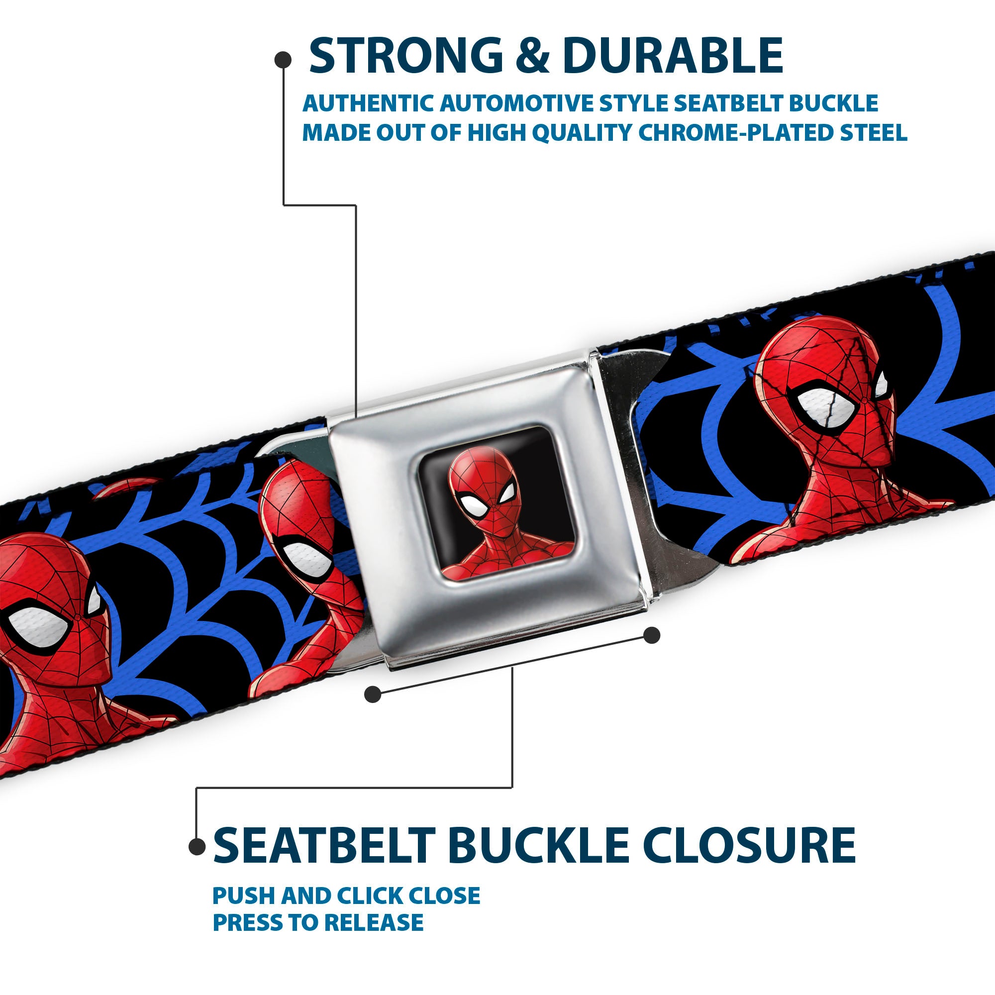 Spider-Man Half Wink Expression Full Color Black Seatbelt Belt - Spider-Man 3-Expressions/Web Orb Black/Blue Webbing Seatbelt Belts Marvel Comics
