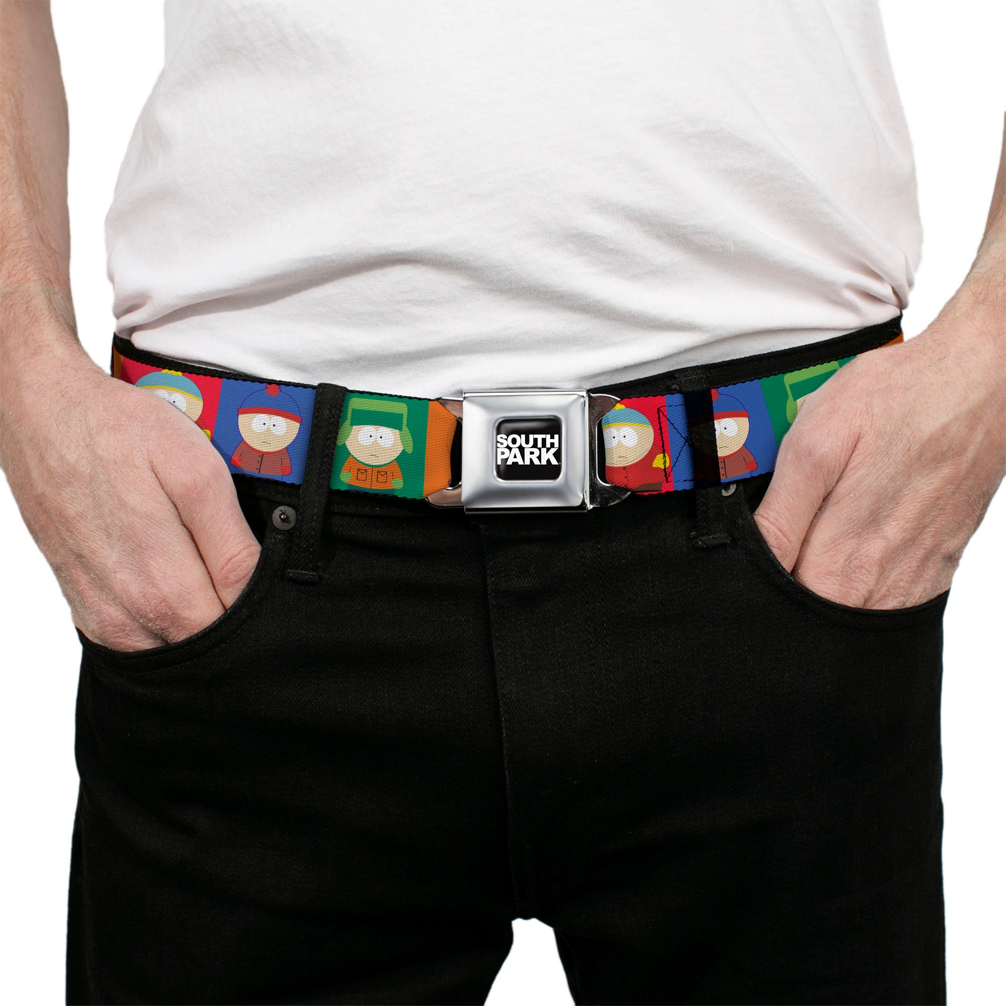 SOUTH PARK Title Logo Full Color Black/White Seatbelt Belt - South Park Boys Pose Blocks Multi Color Webbing Seatbelt Belts South Park