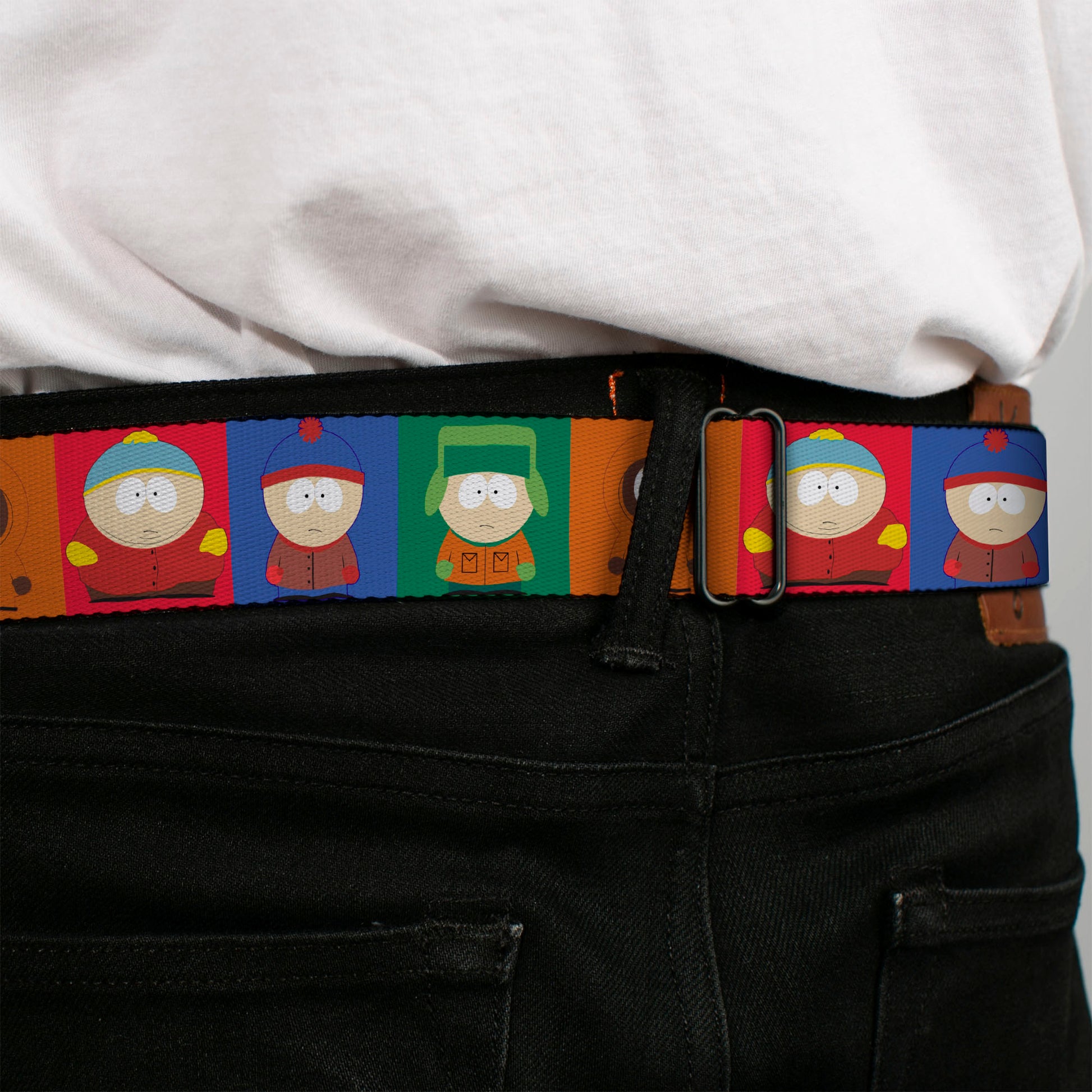 SOUTH PARK Title Logo Full Color Black/White Seatbelt Belt - South Park Boys Pose Blocks Multi Color Webbing Seatbelt Belts South Park