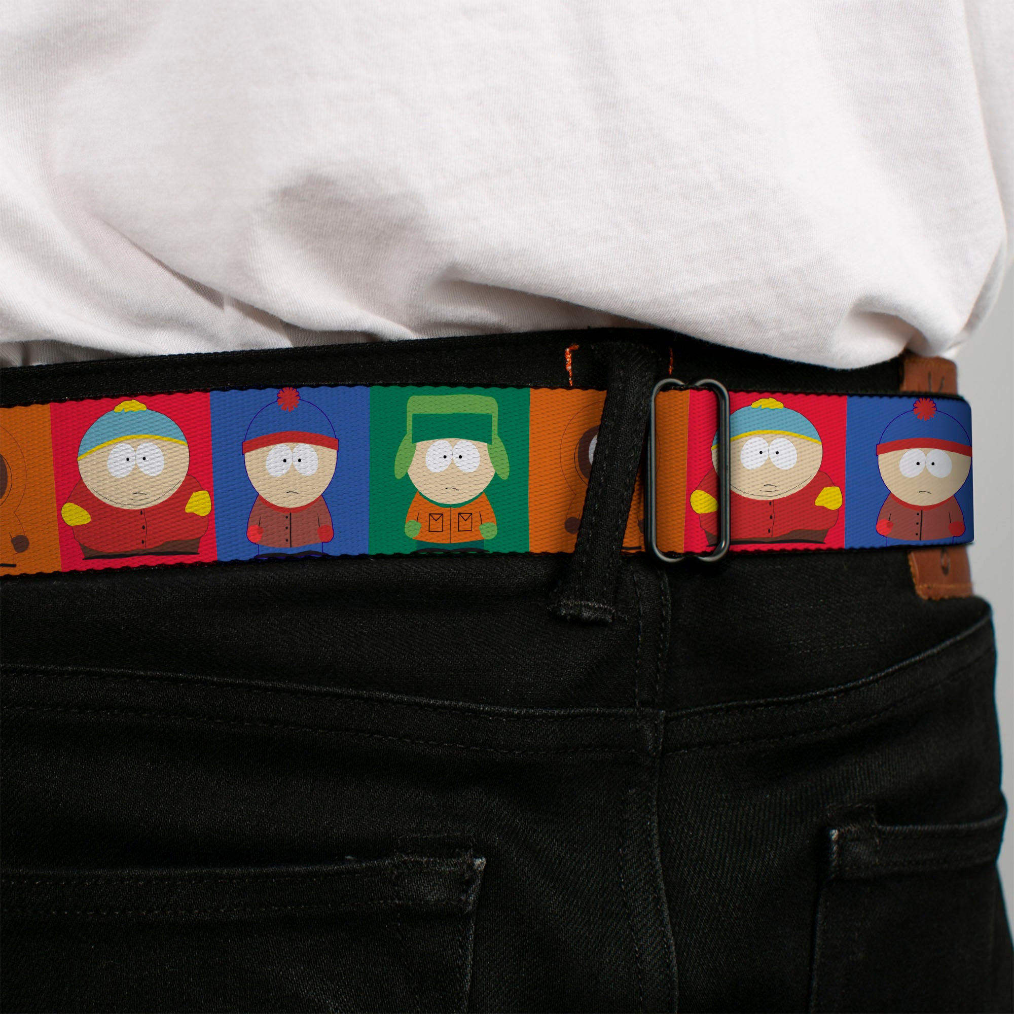 SOUTH PARK Title Logo Full Color Black/White Seatbelt Belt - South Park Boys Pose Blocks Multi Color Webbing Seatbelt Belts South Park