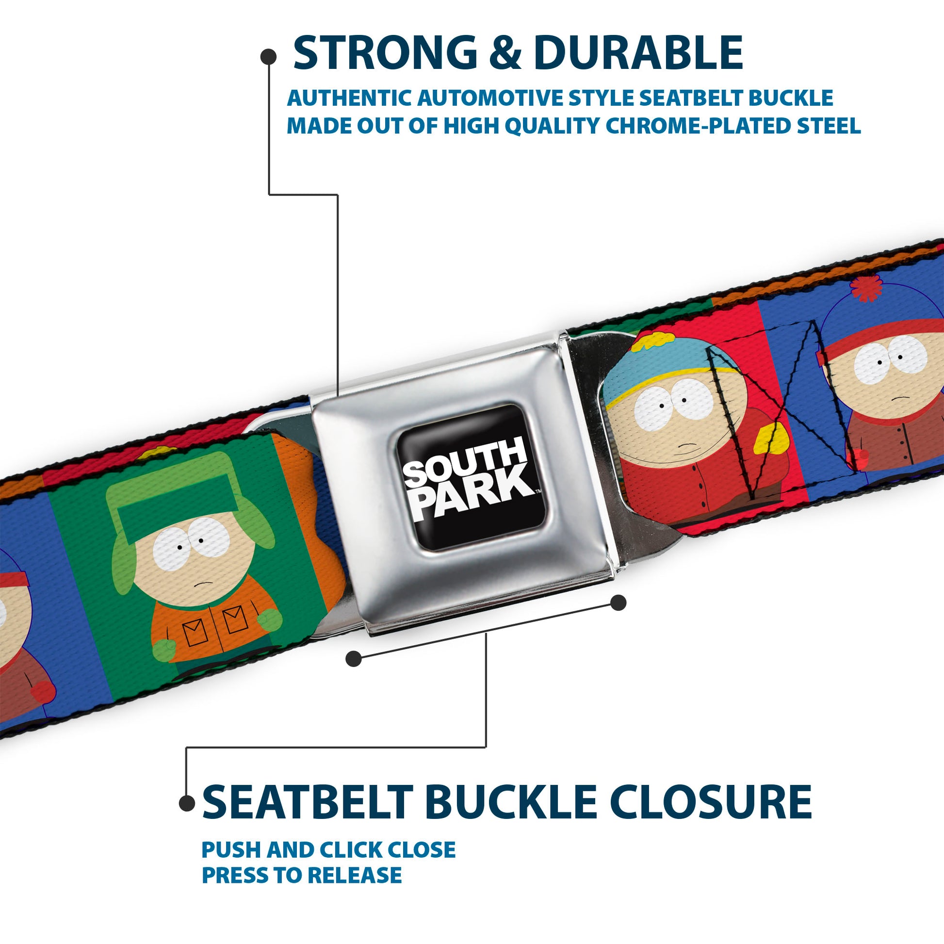 SOUTH PARK Title Logo Full Color Black/White Seatbelt Belt - South Park Boys Pose Blocks Multi Color Webbing Seatbelt Belts South Park