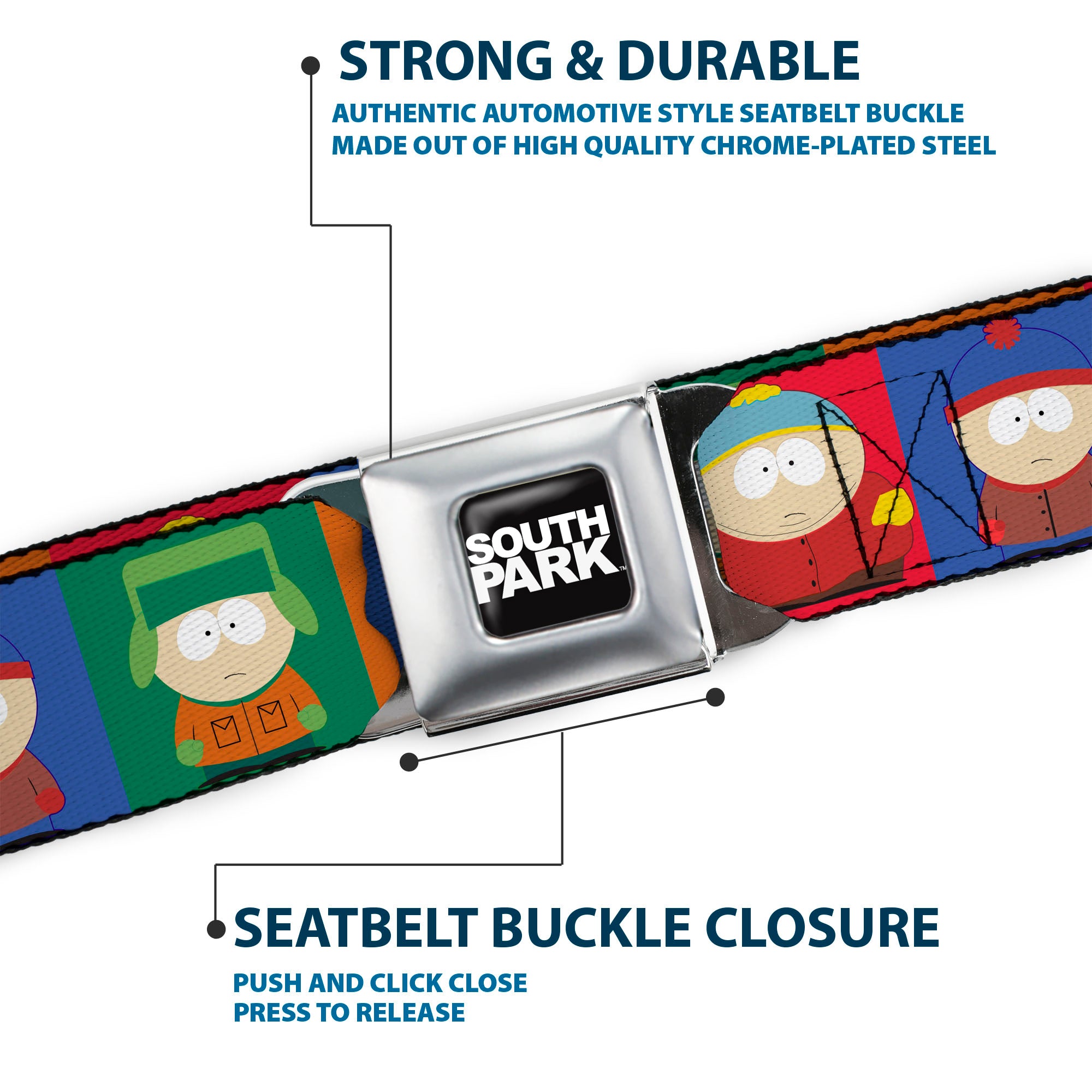 SOUTH PARK Title Logo Full Color Black/White Seatbelt Belt - South Park Boys Pose Blocks Multi Color Webbing Seatbelt Belts South Park
