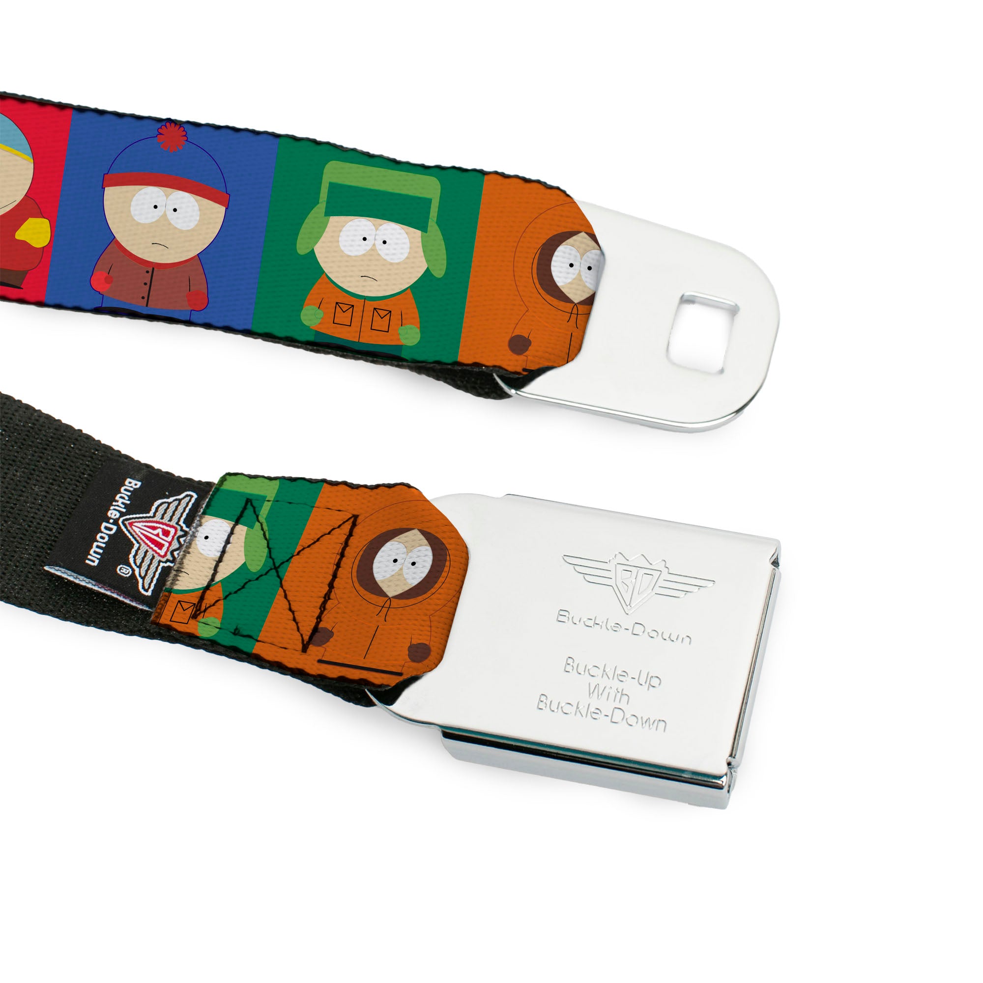 SOUTH PARK Title Logo Full Color Black/White Seatbelt Belt - South Park Boys Pose Blocks Multi Color Webbing Seatbelt Belts South Park