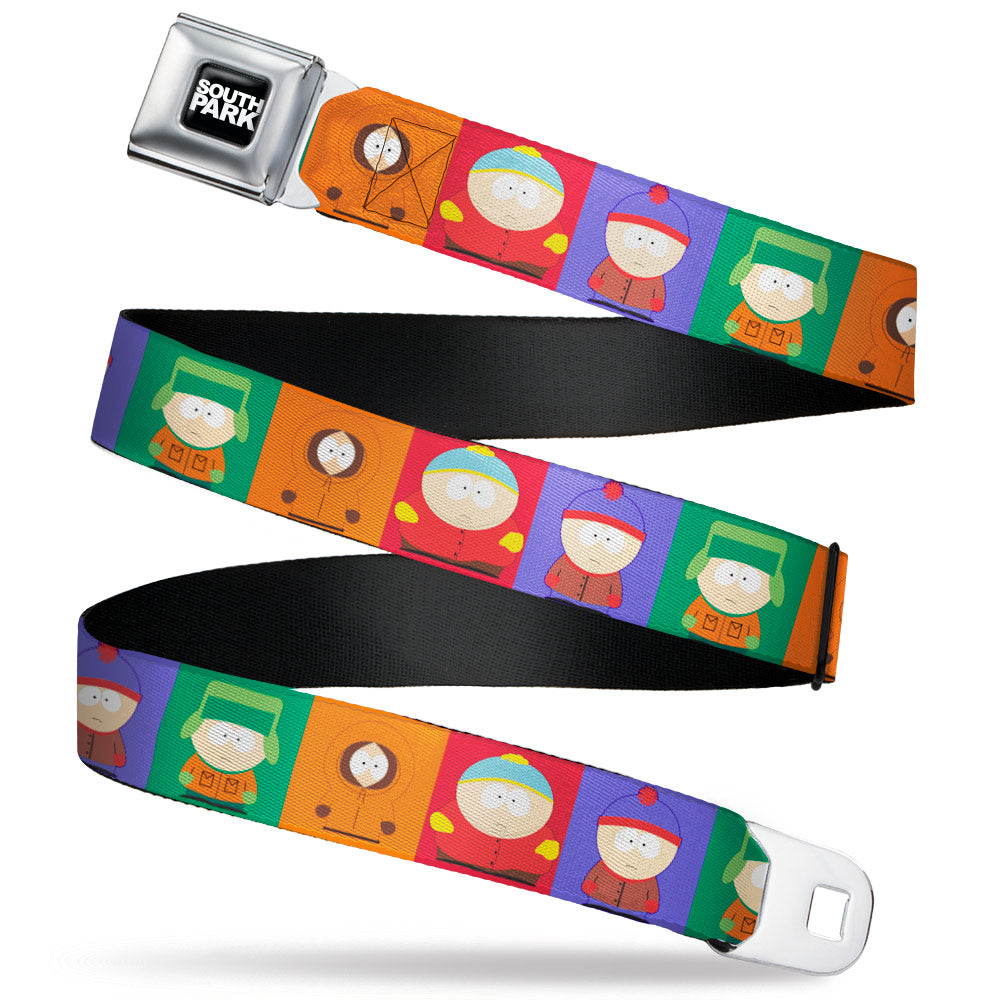SOUTH PARK Title Logo Full Color Black/White Seatbelt Belt - South Park Boys Pose Blocks Multi Color Webbing Seatbelt Belts South Park