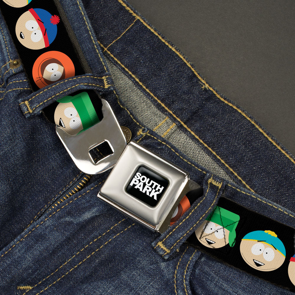 SOUTH PARK Title Logo Full Color Black/White Seatbelt Belt - South Park Boys Face Repeat Black Webbing Seatbelt Belts South Park