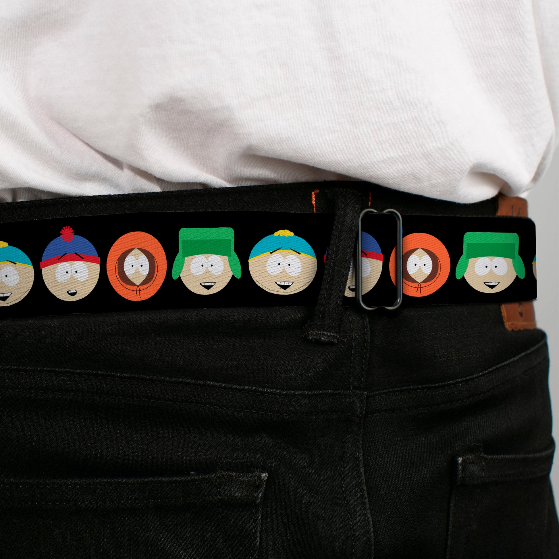 SOUTH PARK Title Logo Full Color Black/White Seatbelt Belt - South Park Boys Face Repeat Black Webbing Seatbelt Belts South Park