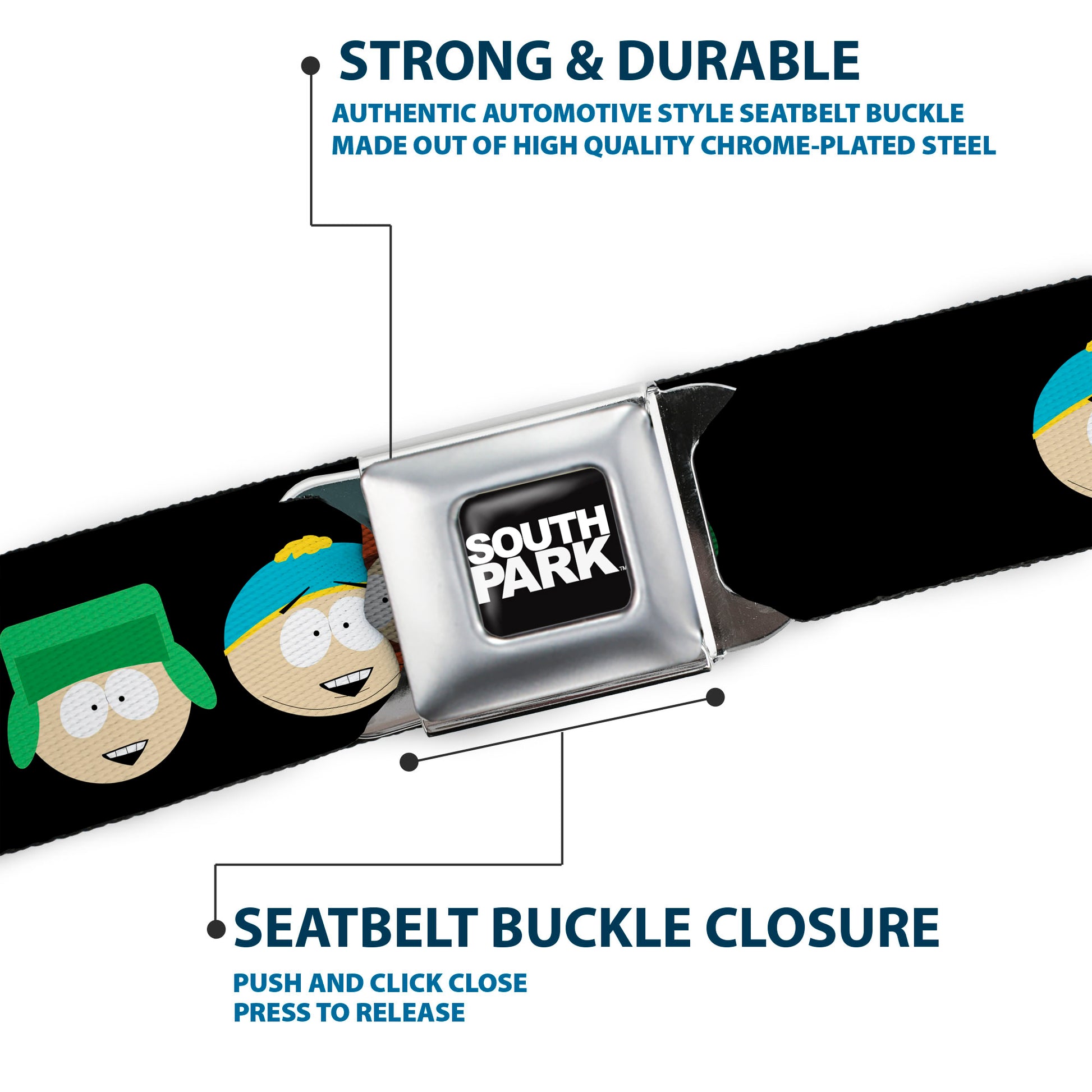 SOUTH PARK Title Logo Full Color Black/White Seatbelt Belt - South Park Boys Face Repeat Black Webbing Seatbelt Belts South Park