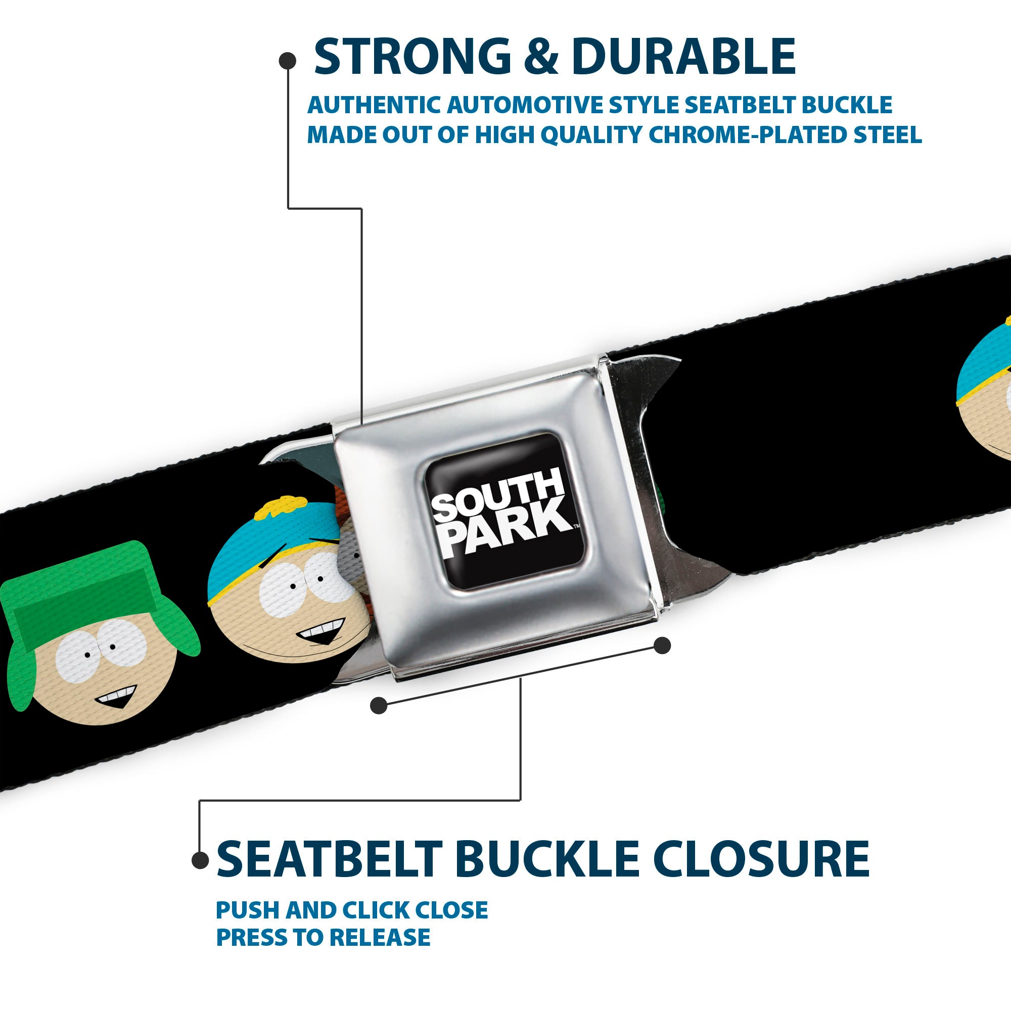 SOUTH PARK Title Logo Full Color Black/White Seatbelt Belt - South Park Boys Face Repeat Black Webbing Seatbelt Belts South Park