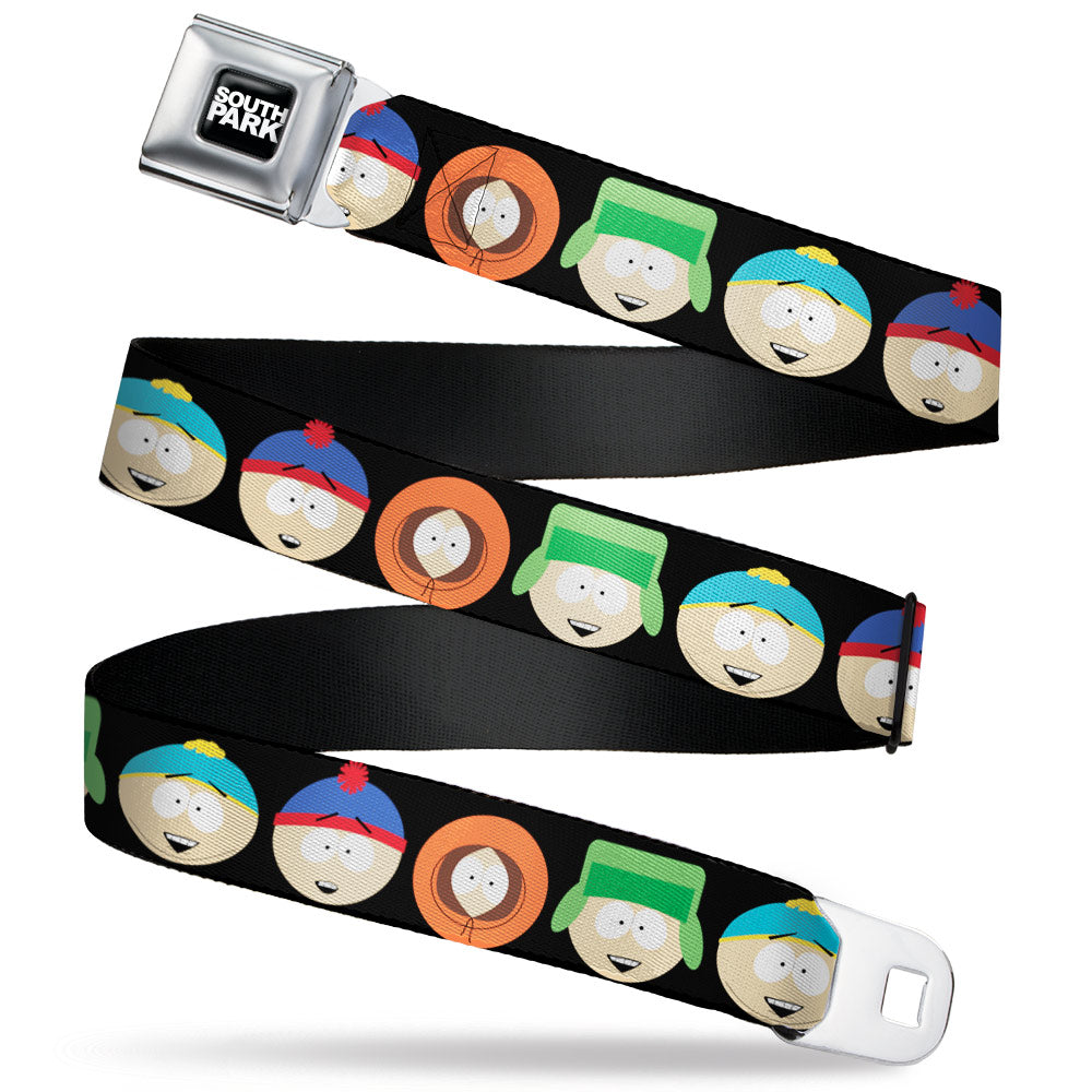 SOUTH PARK Title Logo Full Color Black/White Seatbelt Belt - South Park Boys Face Repeat Black Webbing Seatbelt Belts South Park