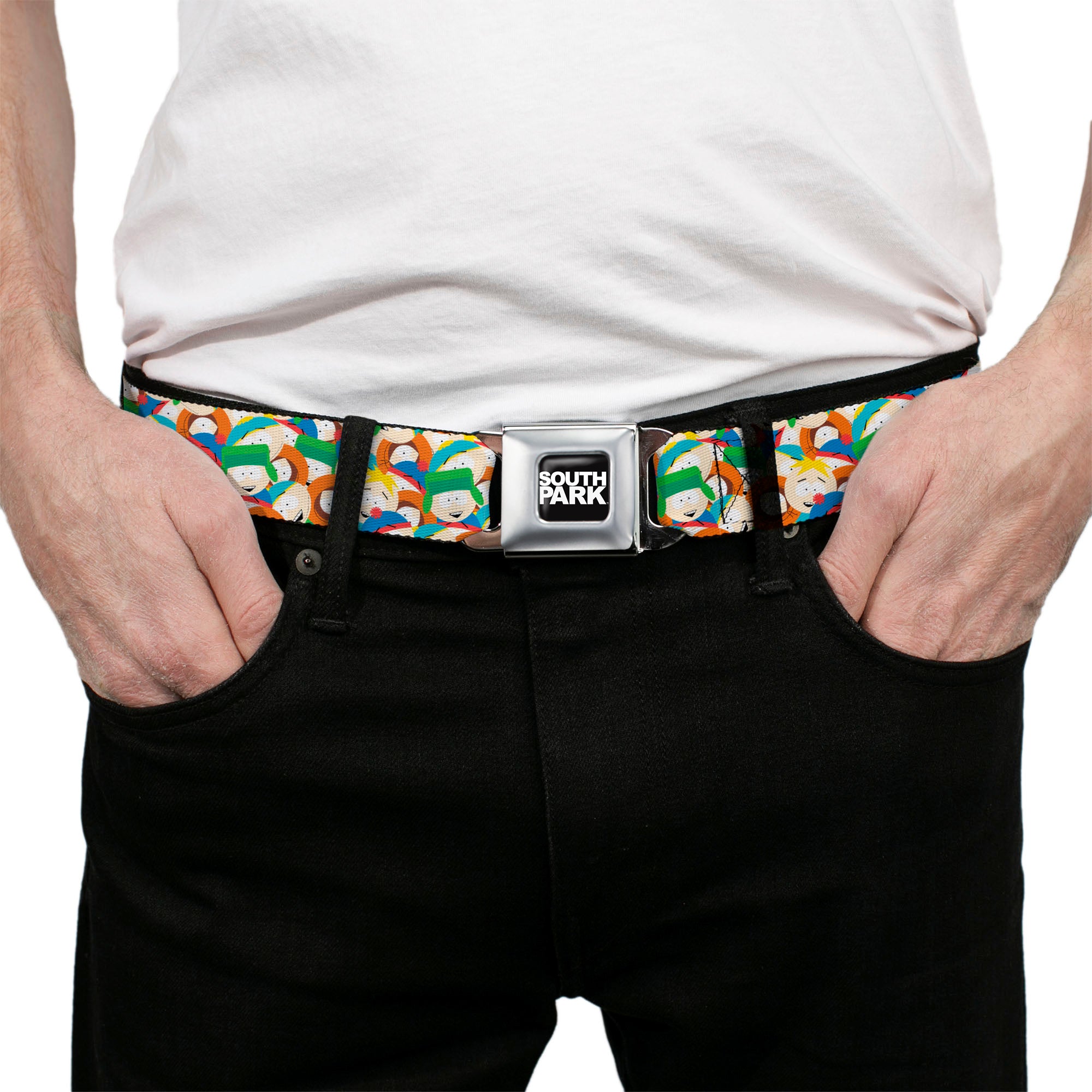 SOUTH PARK Title Logo Full Color Black/White Seatbelt Belt - South Park Boys Expressions Stacked Webbing Seatbelt Belts South Park