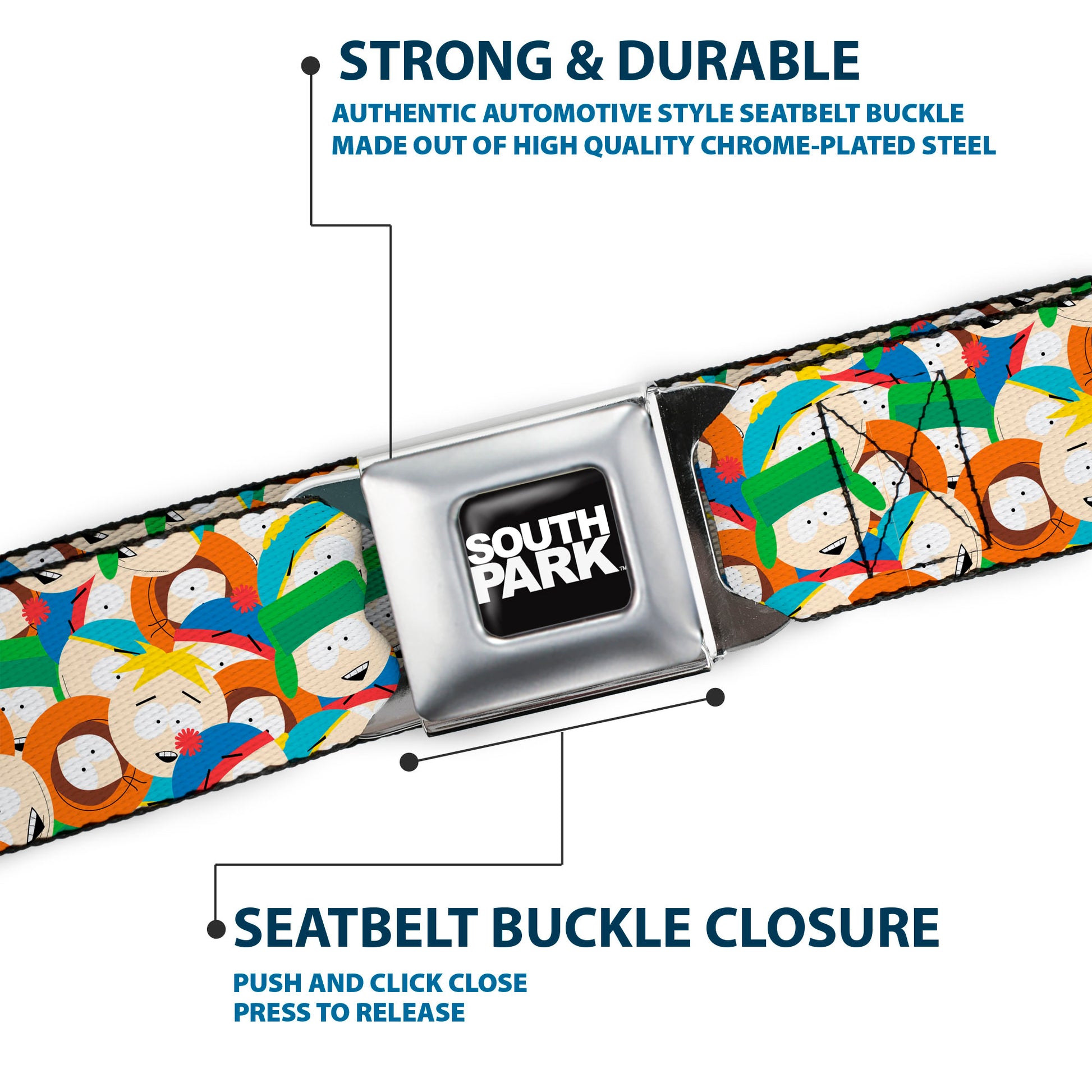 SOUTH PARK Title Logo Full Color Black/White Seatbelt Belt - South Park Boys Expressions Stacked Webbing Seatbelt Belts South Park