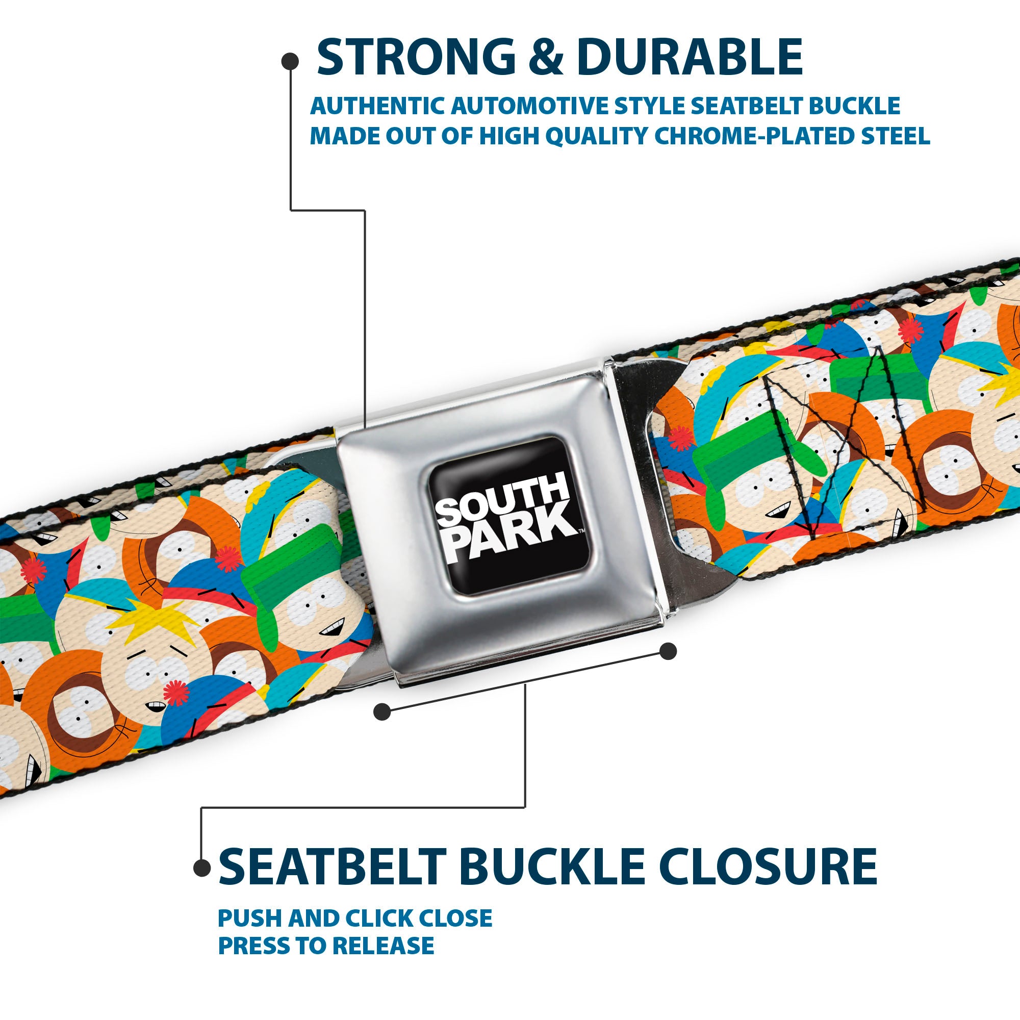 SOUTH PARK Title Logo Full Color Black/White Seatbelt Belt - South Park Boys Expressions Stacked Webbing Seatbelt Belts South Park