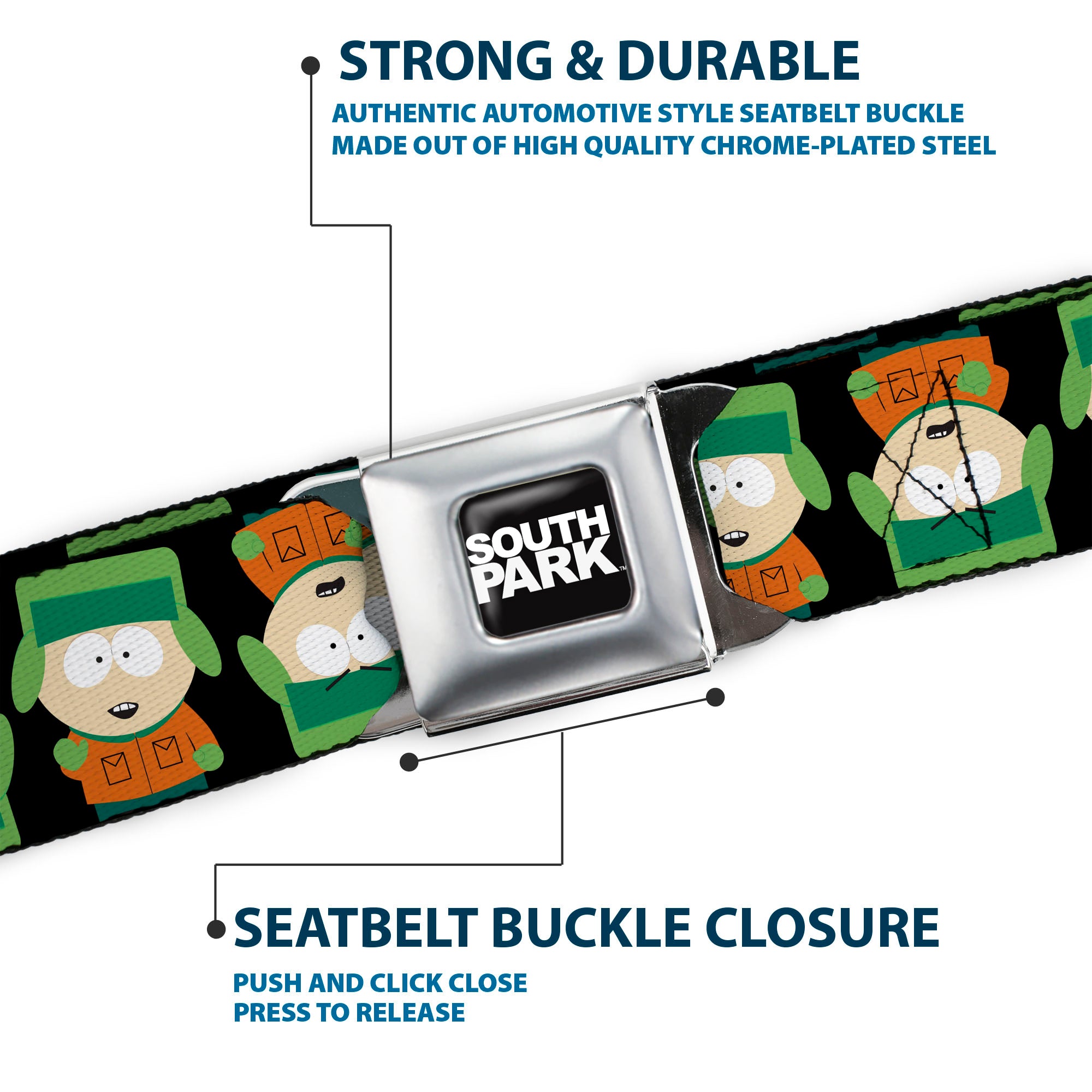 SOUTH PARK Title Logo Full Color Black/White Seatbelt Belt - South Park Kyle Flip Poses Black Webbing Seatbelt Belts South Park