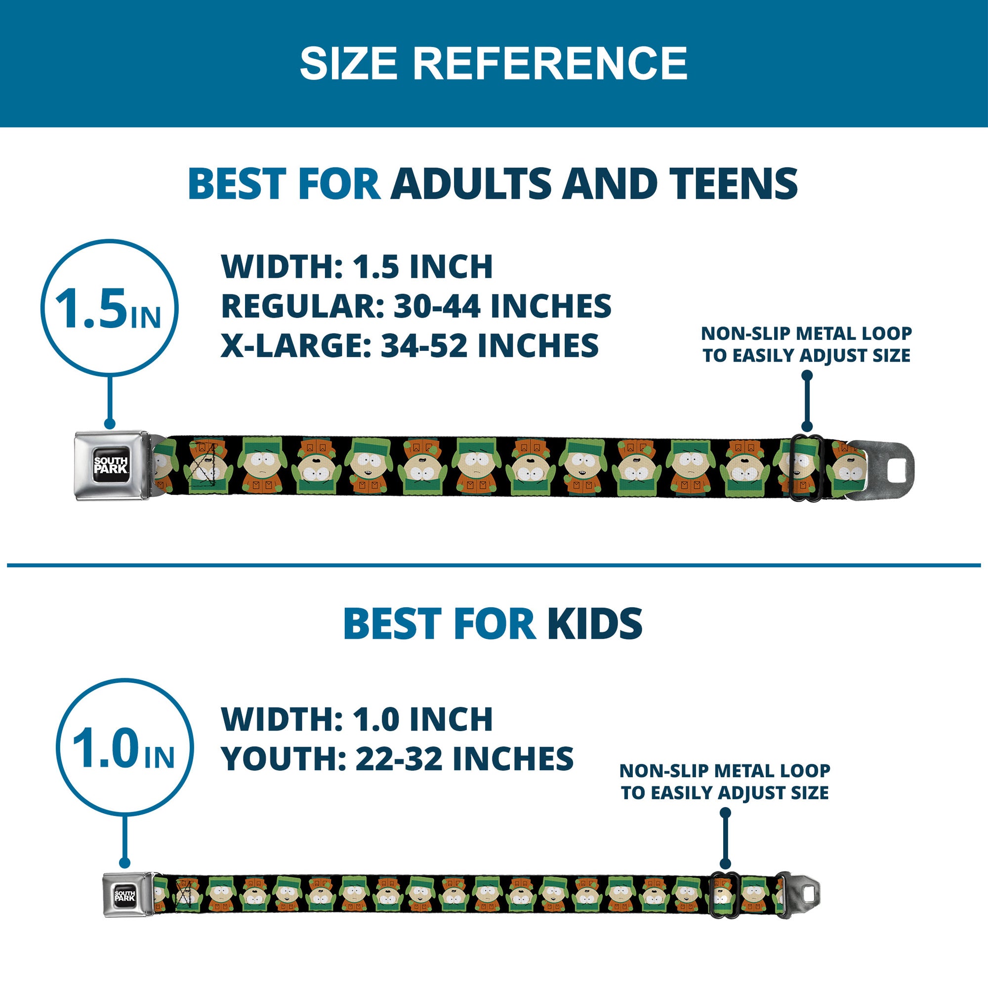 SOUTH PARK Title Logo Full Color Black/White Seatbelt Belt - South Park Kyle Flip Poses Black Webbing Seatbelt Belts South Park