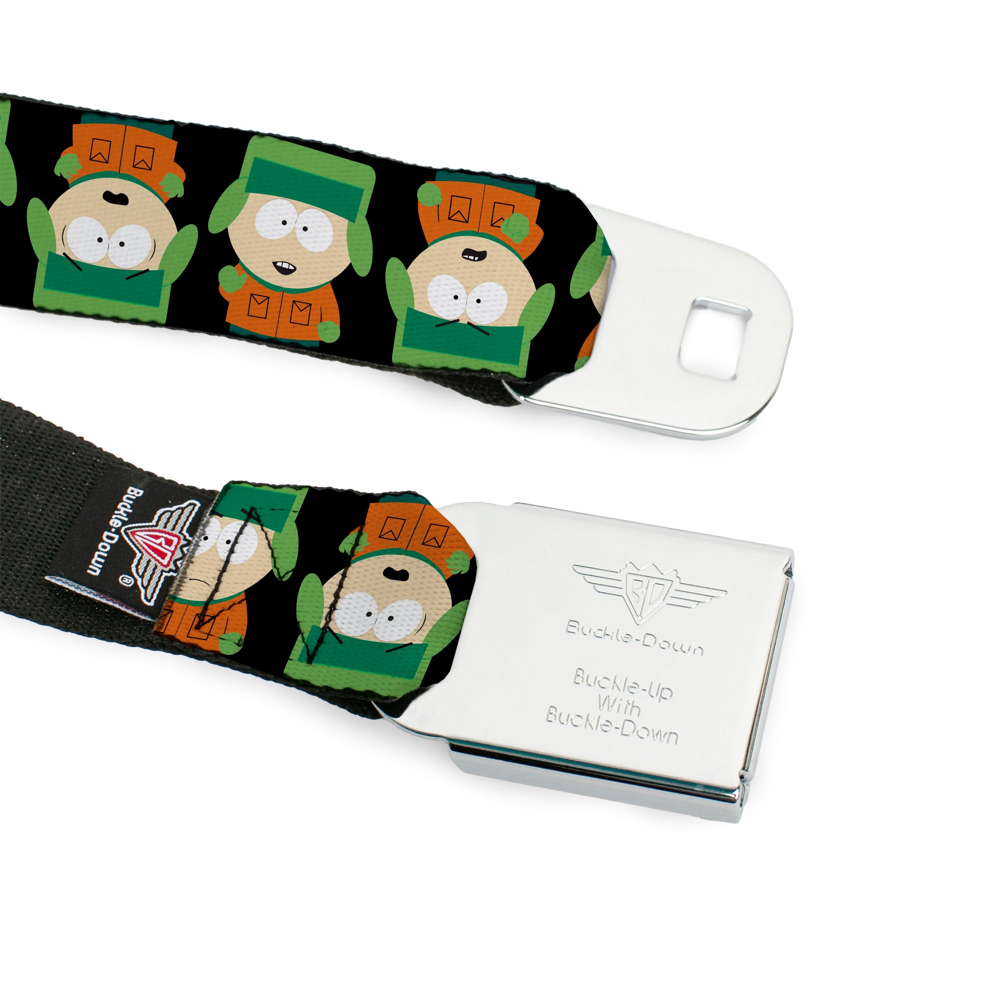 SOUTH PARK Title Logo Full Color Black/White Seatbelt Belt - South Park Kyle Flip Poses Black Webbing Seatbelt Belts South Park