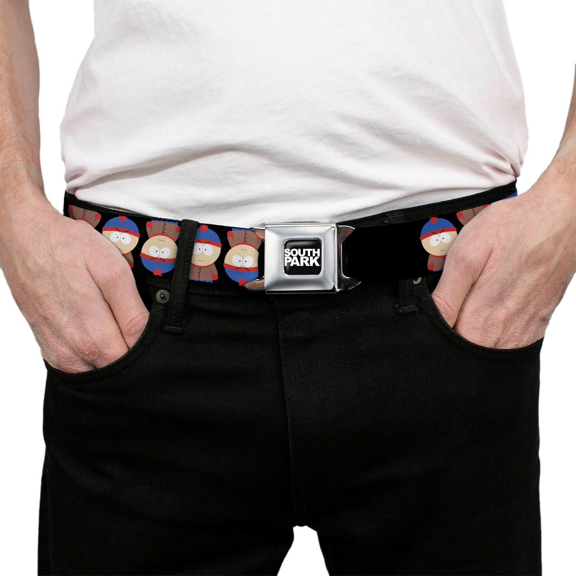 SOUTH PARK Title Logo Full Color Black/White Seatbelt Belt - South Park Stan Flip Poses Black Webbing Seatbelt Belts South Park