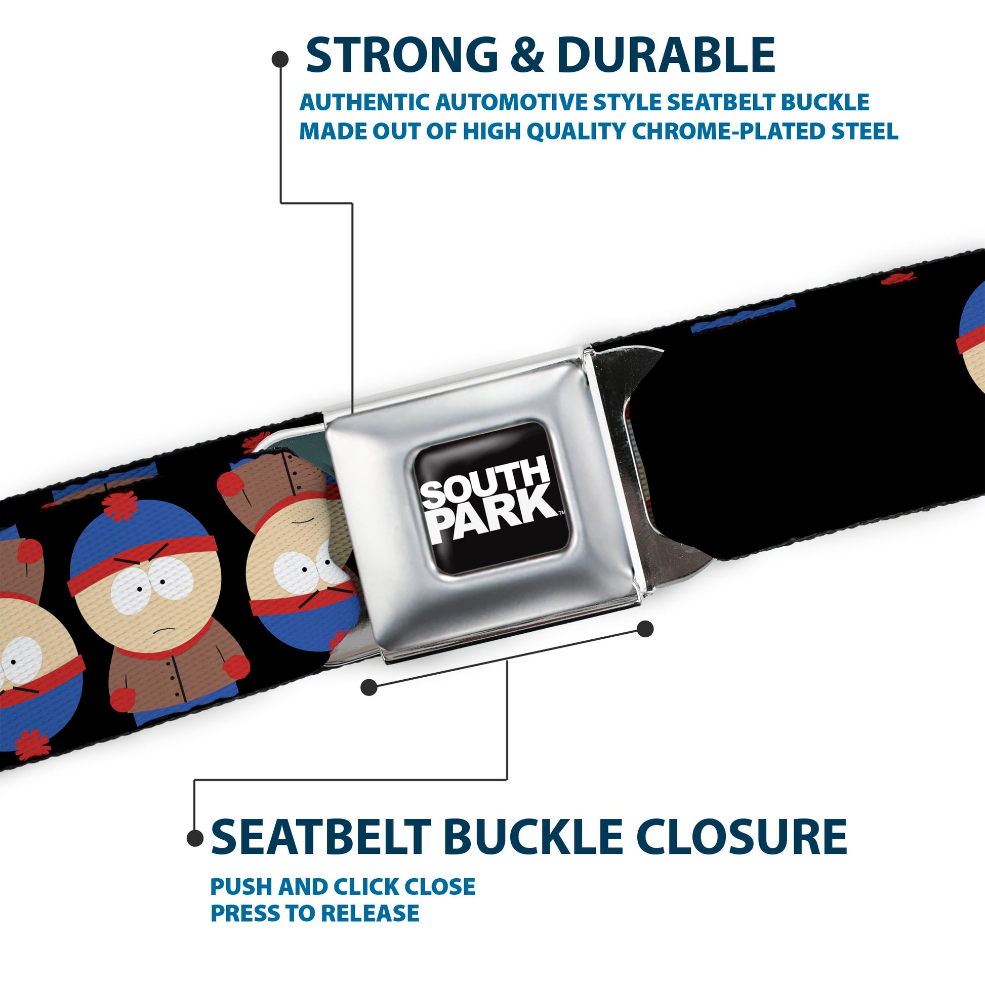 SOUTH PARK Title Logo Full Color Black/White Seatbelt Belt - South Park Stan Flip Poses Black Webbing Seatbelt Belts South Park