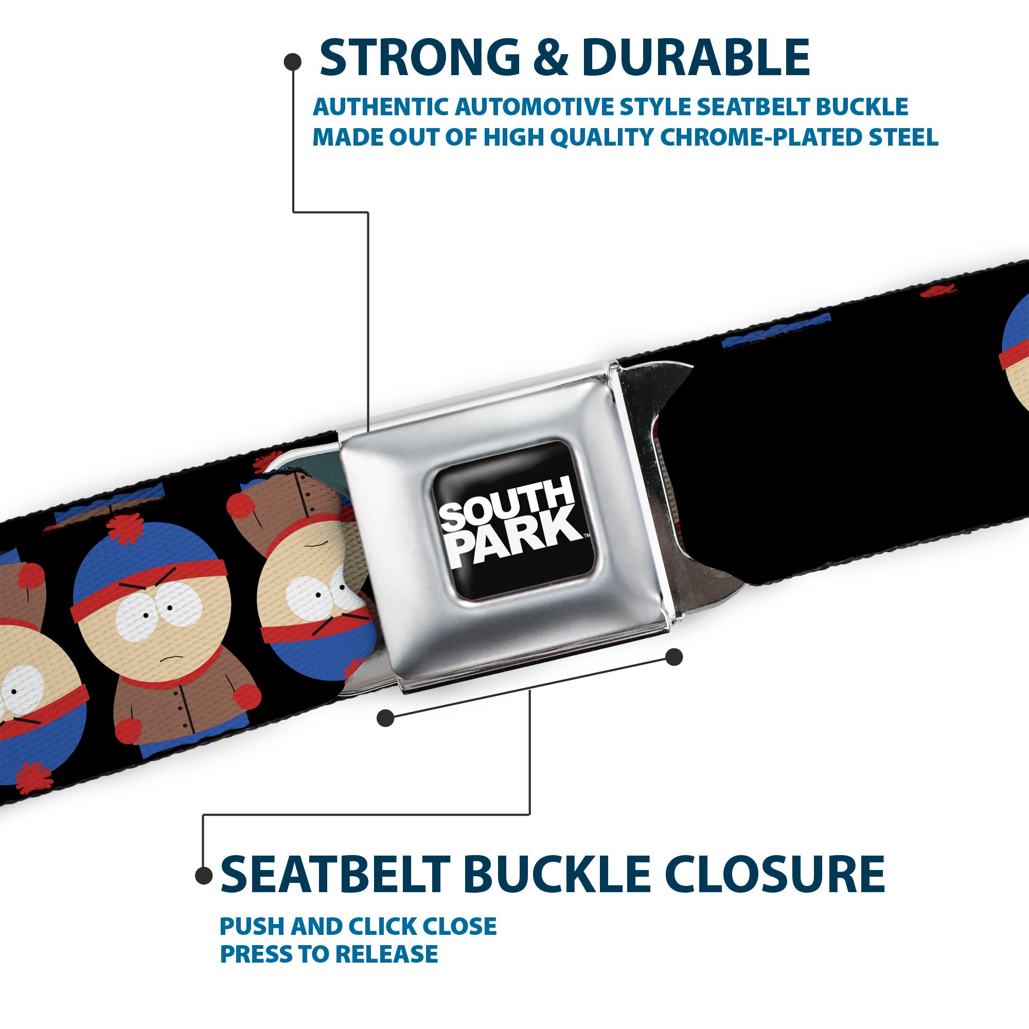 SOUTH PARK Title Logo Full Color Black/White Seatbelt Belt - South Park Stan Flip Poses Black Webbing Seatbelt Belts South Park