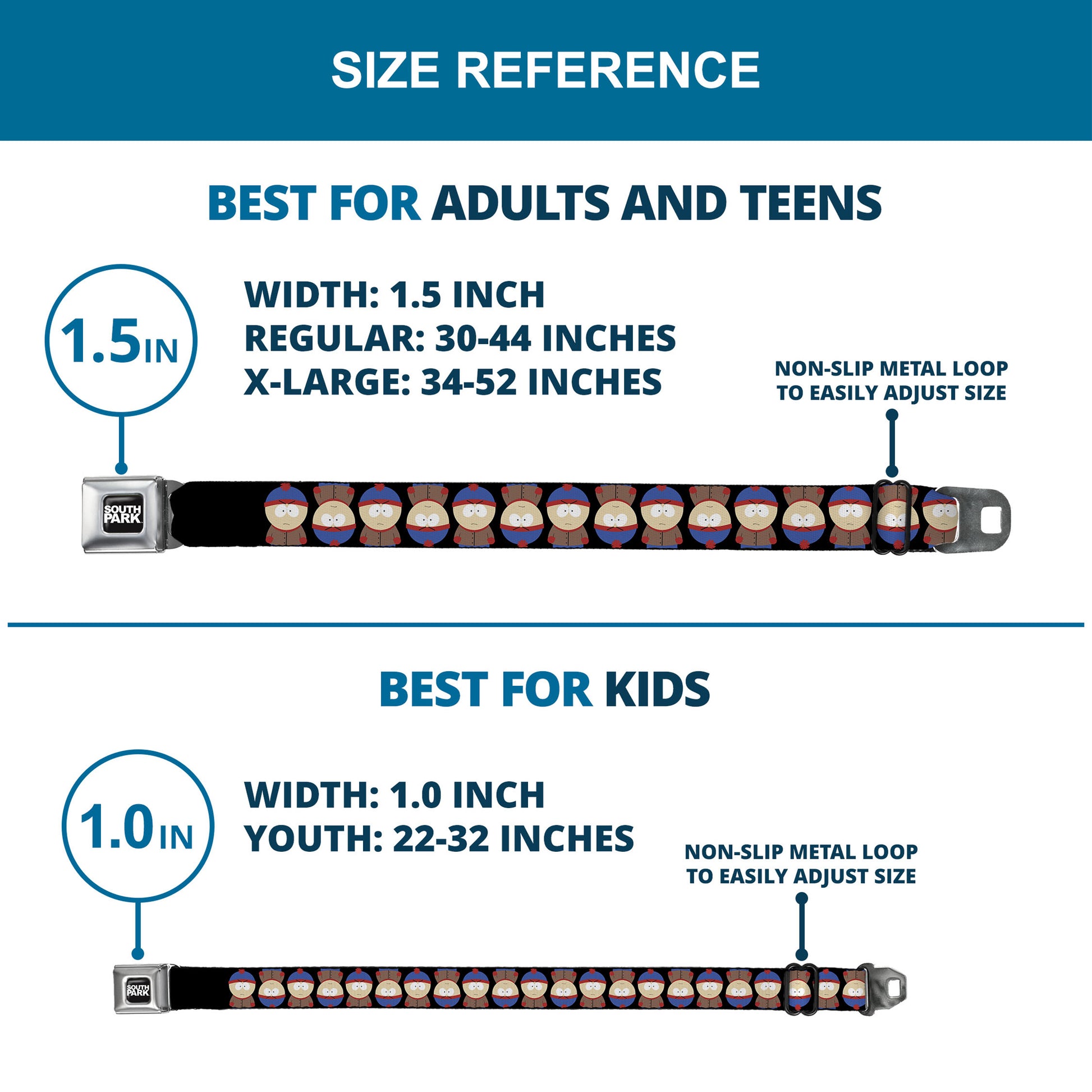 SOUTH PARK Title Logo Full Color Black/White Seatbelt Belt - South Park Stan Flip Poses Black Webbing Seatbelt Belts South Park