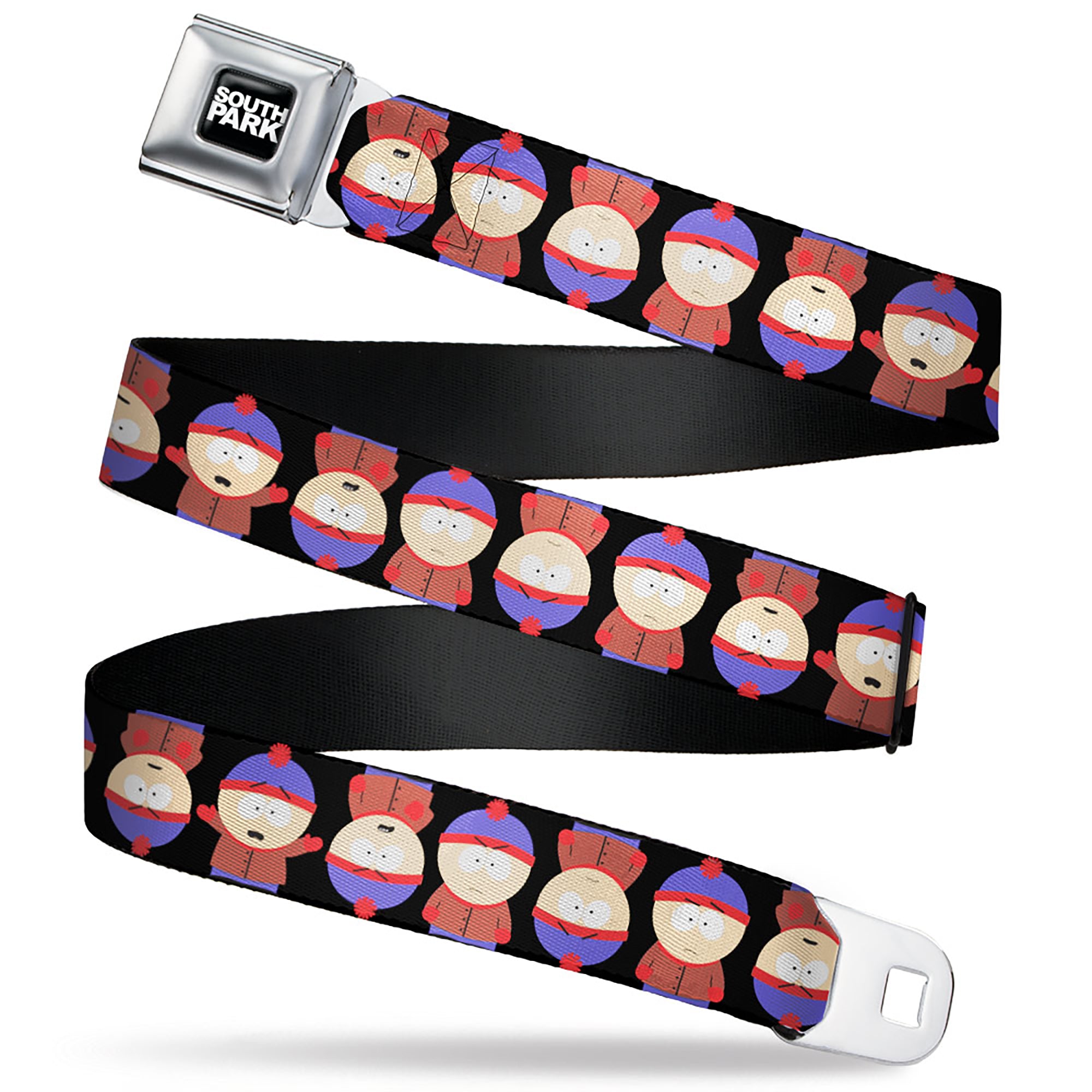 SOUTH PARK Title Logo Full Color Black/White Seatbelt Belt - South Park Stan Flip Poses Black Webbing Seatbelt Belts South Park