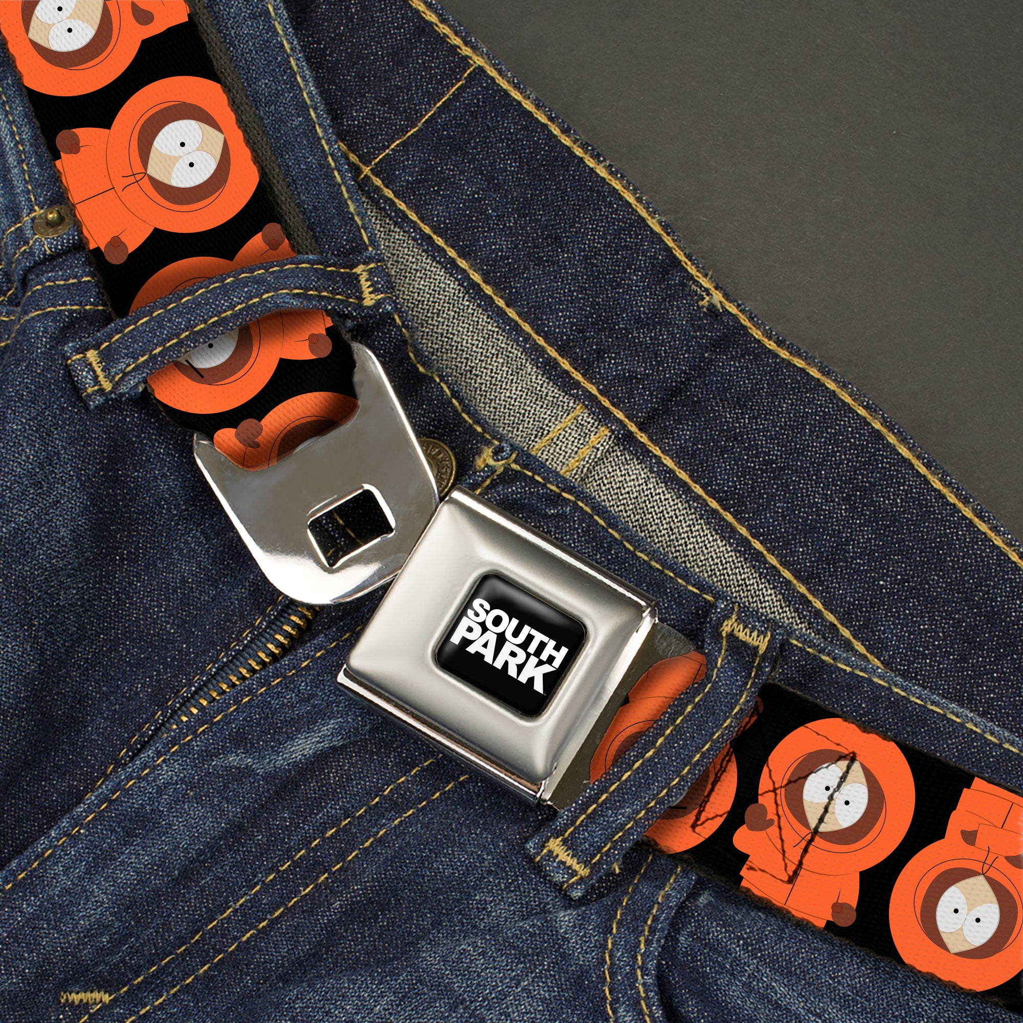 SOUTH PARK Title Logo Full Color Black/White Seatbelt Belt - South Park Kenny Flip Poses Black Webbing Seatbelt Belts South Park