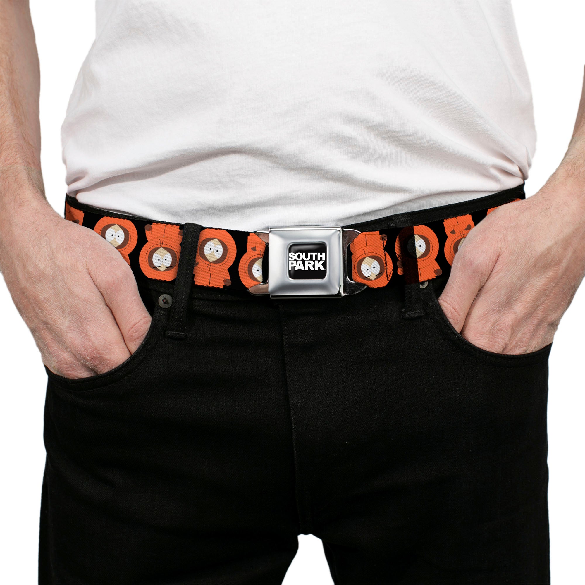 SOUTH PARK Title Logo Full Color Black/White Seatbelt Belt - South Park Kenny Flip Poses Black Webbing Seatbelt Belts South Park