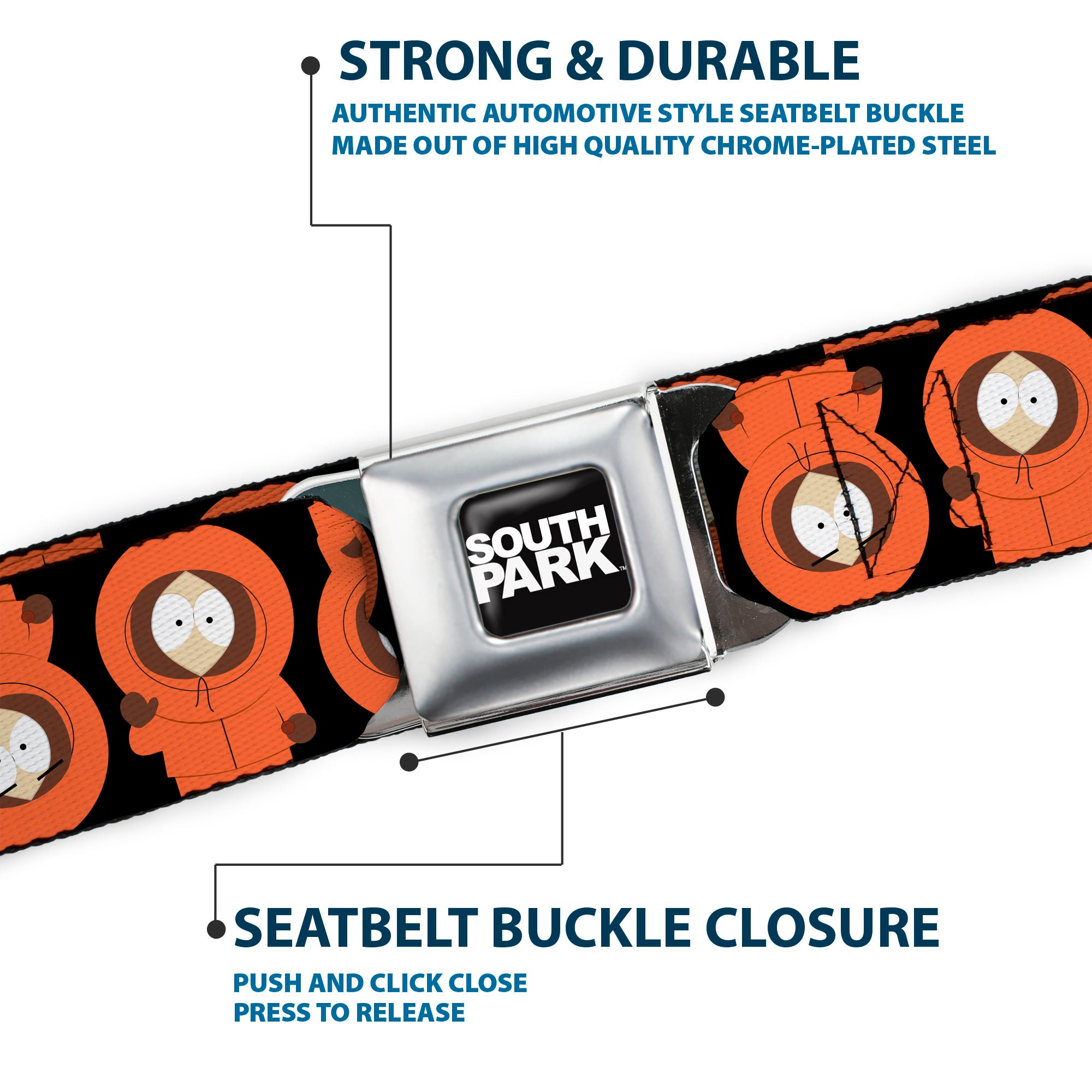SOUTH PARK Title Logo Full Color Black/White Seatbelt Belt - South Park Kenny Flip Poses Black Webbing Seatbelt Belts South Park