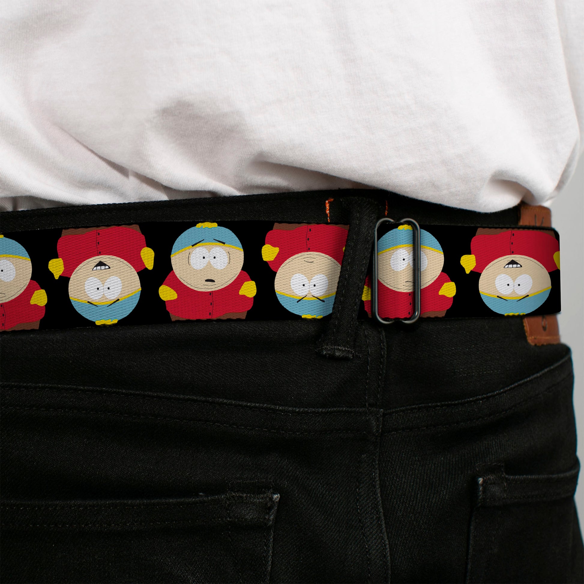 SOUTH PARK Title Logo Full Color Black/White Seatbelt Belt - South Park Cartman Flip Poses Black Webbing Seatbelt Belts South Park