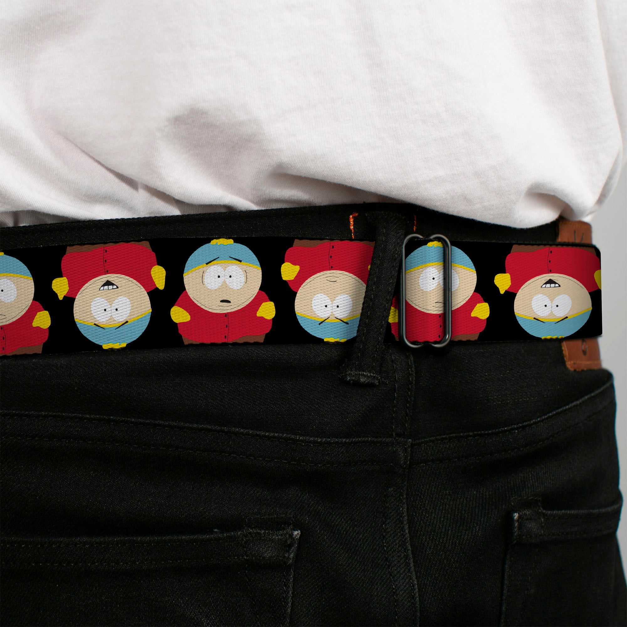 SOUTH PARK Title Logo Full Color Black/White Seatbelt Belt - South Park Cartman Flip Poses Black Webbing Seatbelt Belts South Park