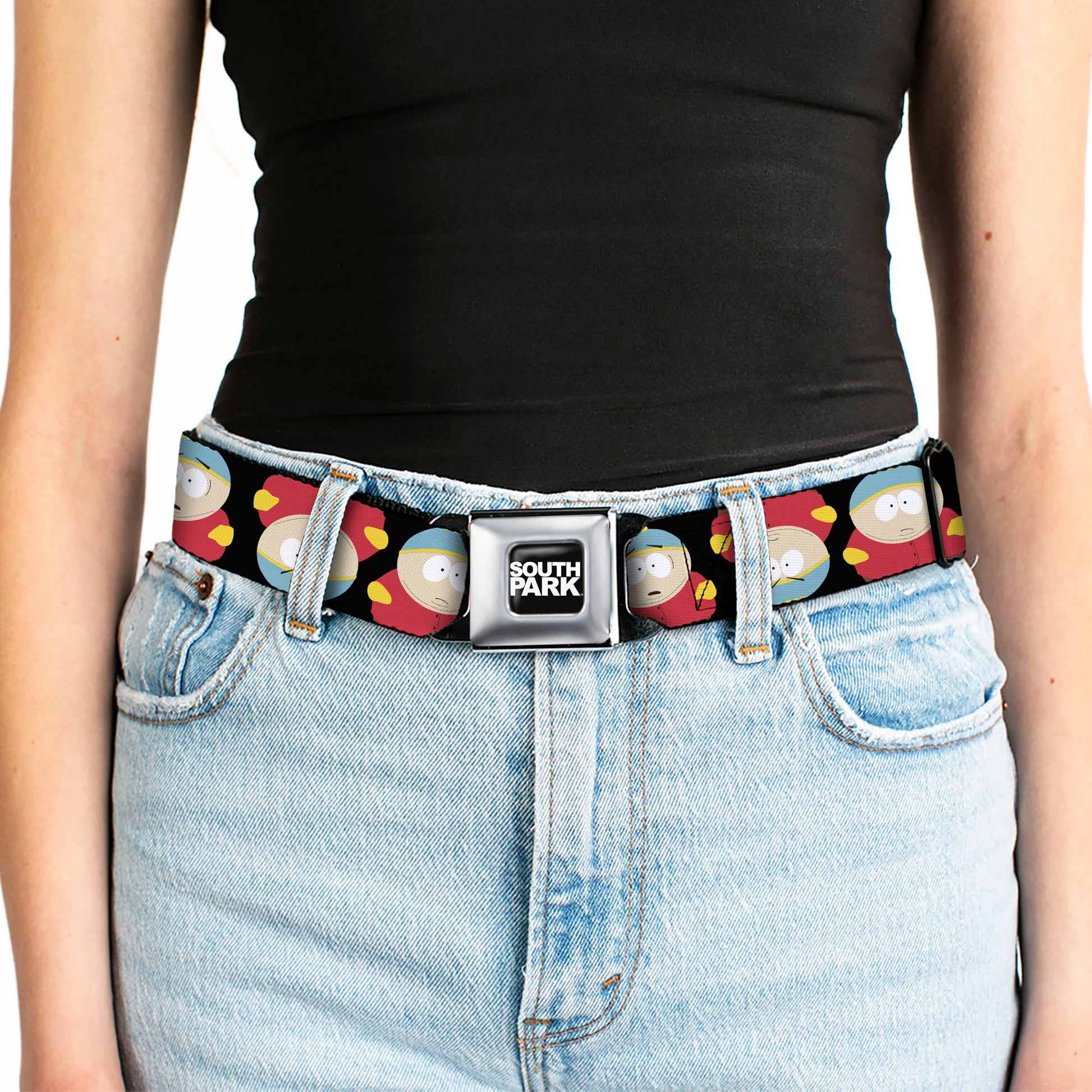SOUTH PARK Title Logo Full Color Black/White Seatbelt Belt - South Park Cartman Flip Poses Black Webbing Seatbelt Belts South Park