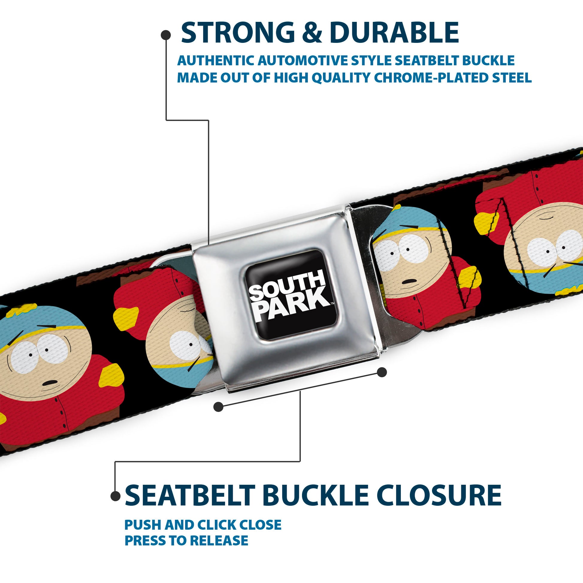SOUTH PARK Title Logo Full Color Black/White Seatbelt Belt - South Park Cartman Flip Poses Black Webbing Seatbelt Belts South Park