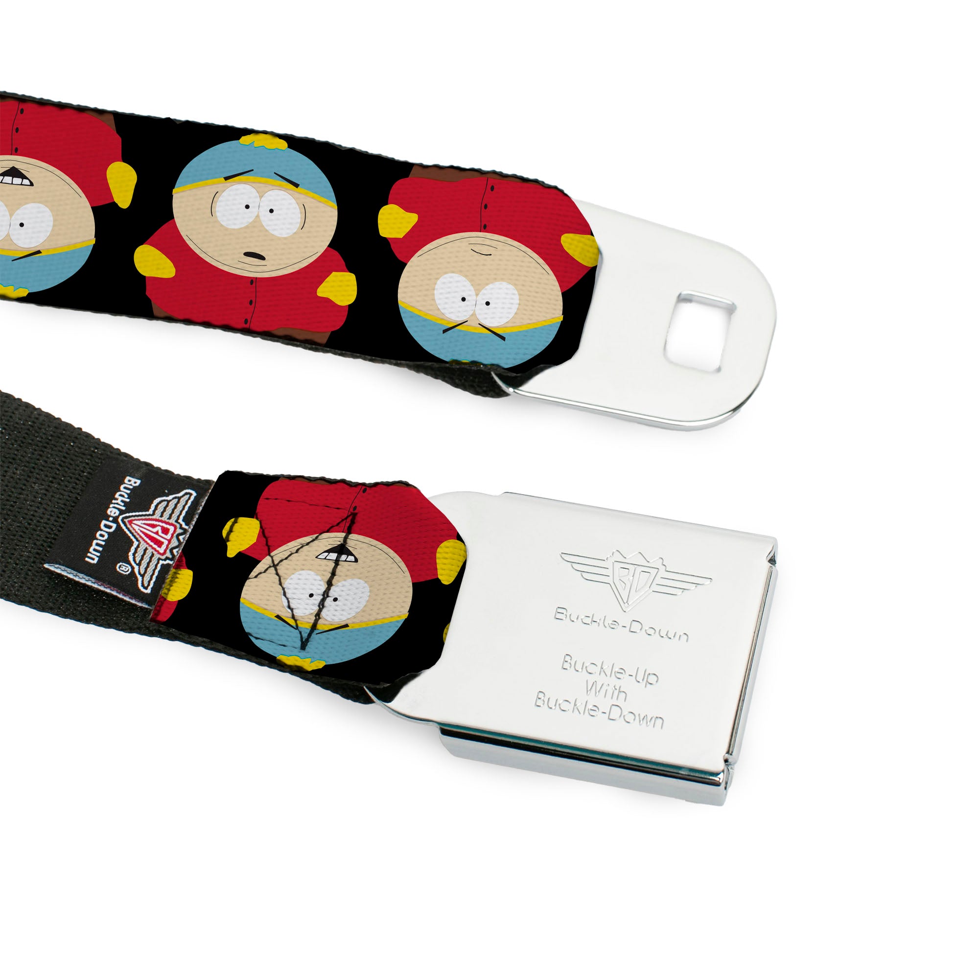 SOUTH PARK Title Logo Full Color Black/White Seatbelt Belt - South Park Cartman Flip Poses Black Webbing Seatbelt Belts South Park