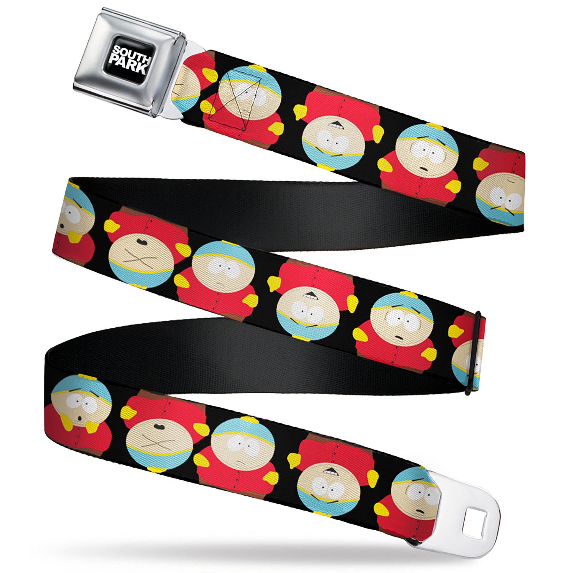 SOUTH PARK Title Logo Full Color Black/White Seatbelt Belt - South Park Cartman Flip Poses Black Webbing Seatbelt Belts South Park