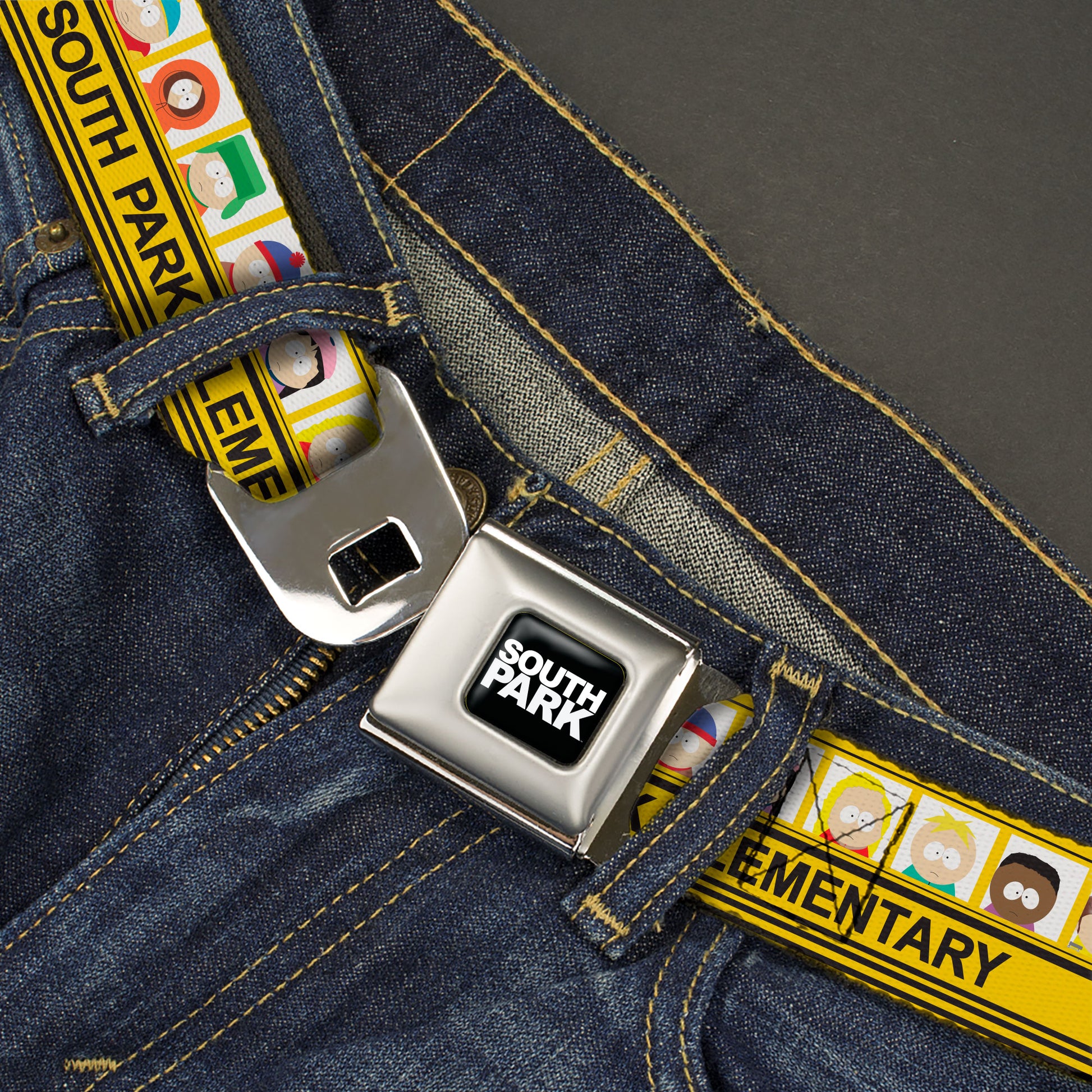 SOUTH PARK Title Logo Full Color Black/White Seatbelt Belt - SOUTH PARK ELEMENTARY School Bus Characters Pose Yellow Webbing Seatbelt Belts South Park