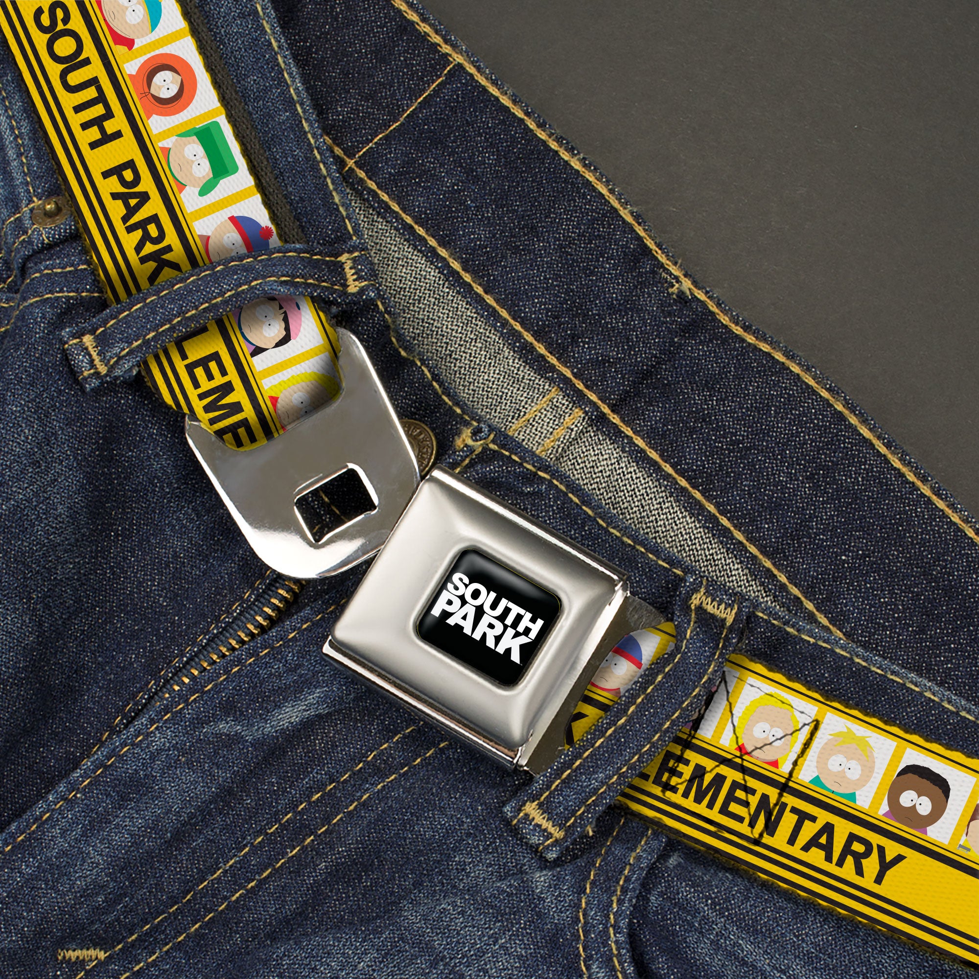 SOUTH PARK Title Logo Full Color Black/White Seatbelt Belt - SOUTH PARK ELEMENTARY School Bus Characters Pose Yellow Webbing Seatbelt Belts South Park