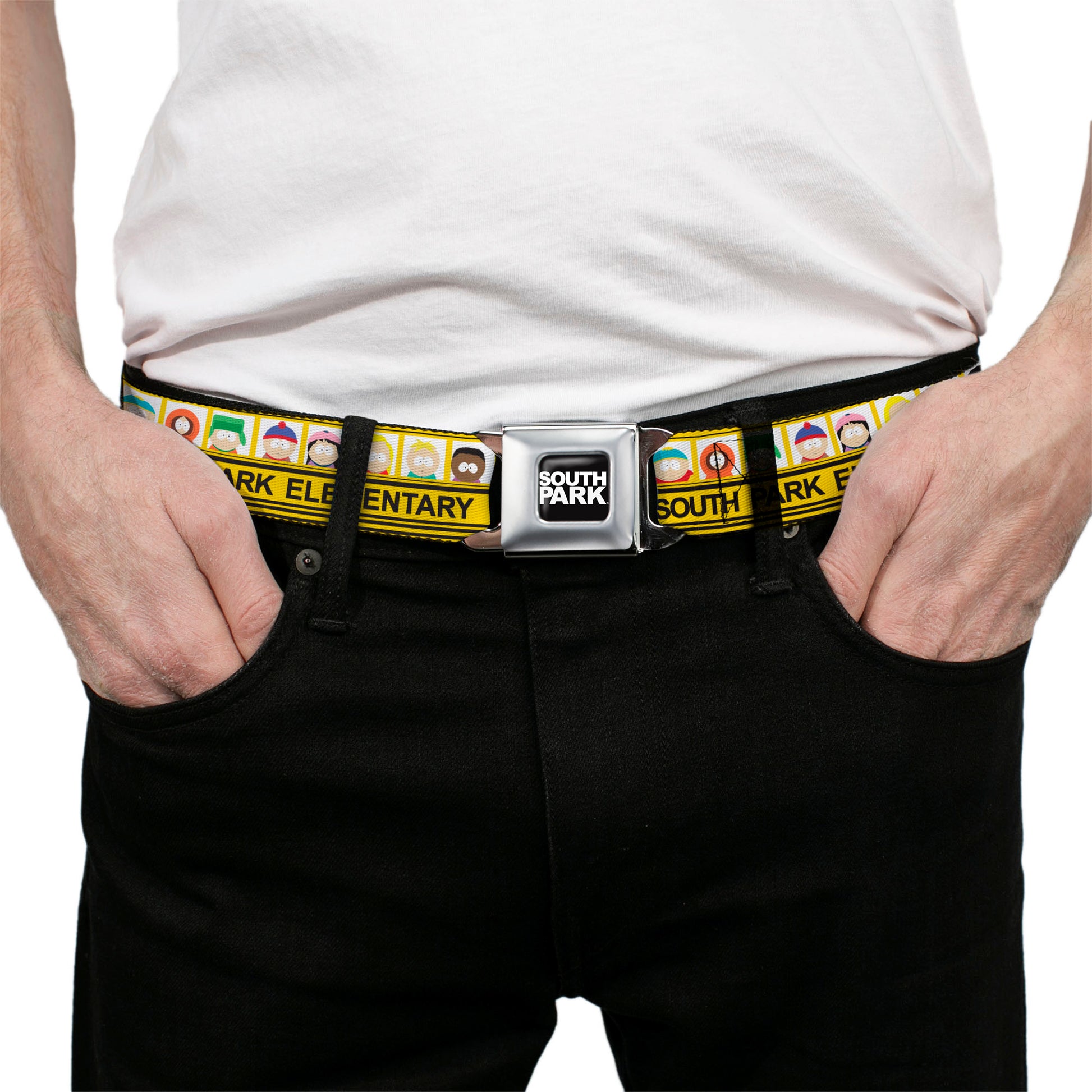 SOUTH PARK Title Logo Full Color Black/White Seatbelt Belt - SOUTH PARK ELEMENTARY School Bus Characters Pose Yellow Webbing Seatbelt Belts South Park