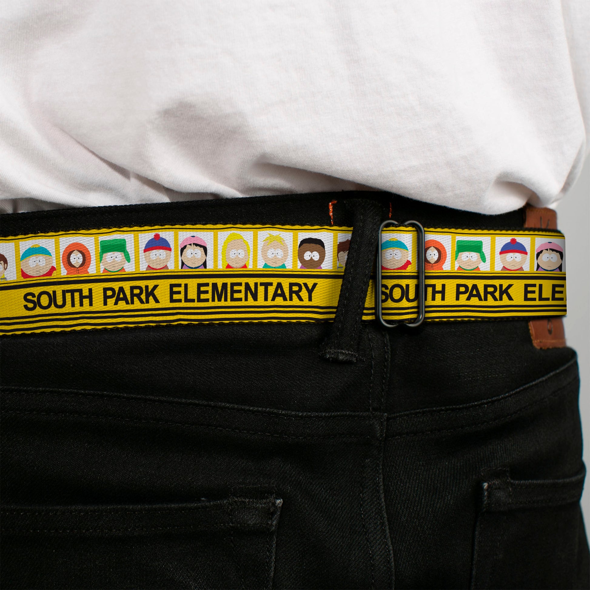 SOUTH PARK Title Logo Full Color Black/White Seatbelt Belt - SOUTH PARK ELEMENTARY School Bus Characters Pose Yellow Webbing Seatbelt Belts South Park